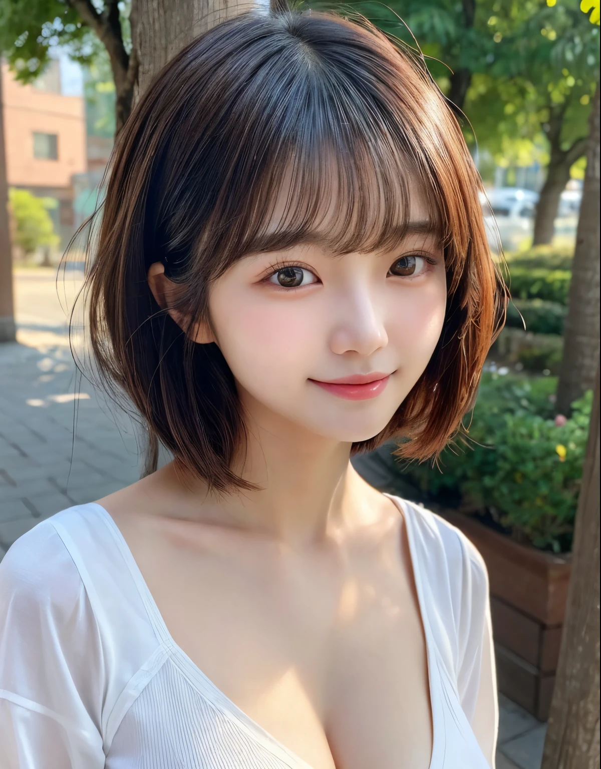 Woman standing upright facing the camera、lightly dressed、exposed、thin white shirt、(highest quality,masterpiece:1.3,超A high resolution,),(super detailed,caustics),(Photoreal:1.4,RAW shooting,)ultra-realistic capture,very detailed,High definition 16K for human skin、 Natural skin texture、、Skin looks even-toned and healthy、 Use natural light and color,one woman,Japanese,,cute,Grey-haired,middle hair,(Depth of the bounds written、chromatic aberration、、wide range of lighting、natural shading、)、(Outdoor lights during daytime:1.4)、(hair swaying in the wind:1)、short hair、hair ornaments、Put on your ears