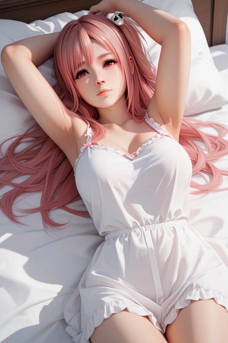 Sleeping girl,22 岁,PhotoRealistic,She wears sexy pajamas,Pink Hair。Half a chest