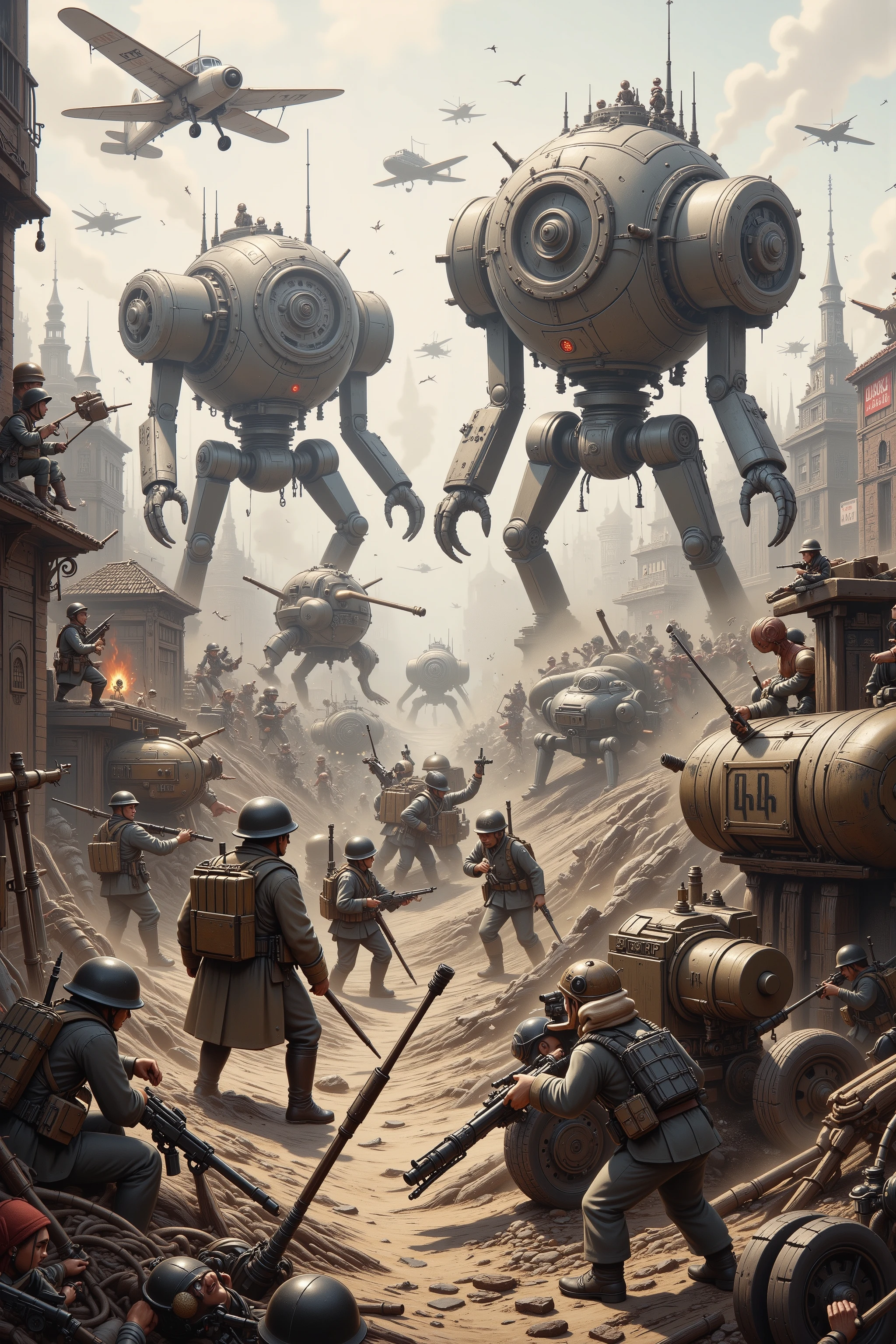 A world war 2 battle field, soldiers fight in trenches during a pitched battle of the allies versus the Nazis. Instead of tanks and planes lumbering steam powered mecha (British) and nimbler diesel fueled mecha (American and Nazi) fulfill the same role. Clunky huge hydraulic mecha with cannons and machine guns. The ranks and file soldiers have uniforms that are a blend of steam punk and WW2 tech. Pitched battle on the outskirts of a war torn city.
