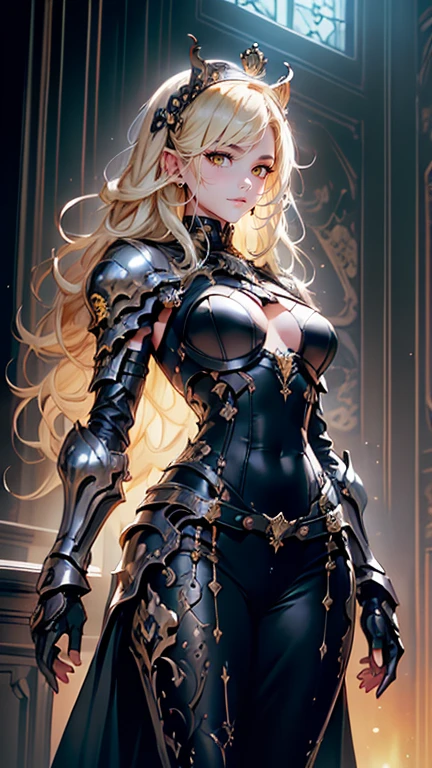 ((best quality, masterpiece, 4k, 8k, high res)), ((furry; Anthro Wolf)), blonde, dynamic pose, ferocious, fangs, full body, female werewolf, sexy, vibrant colors, (edgy punk hairstyle), knight armor, well-toned abs, Victorian dress, goth corset,