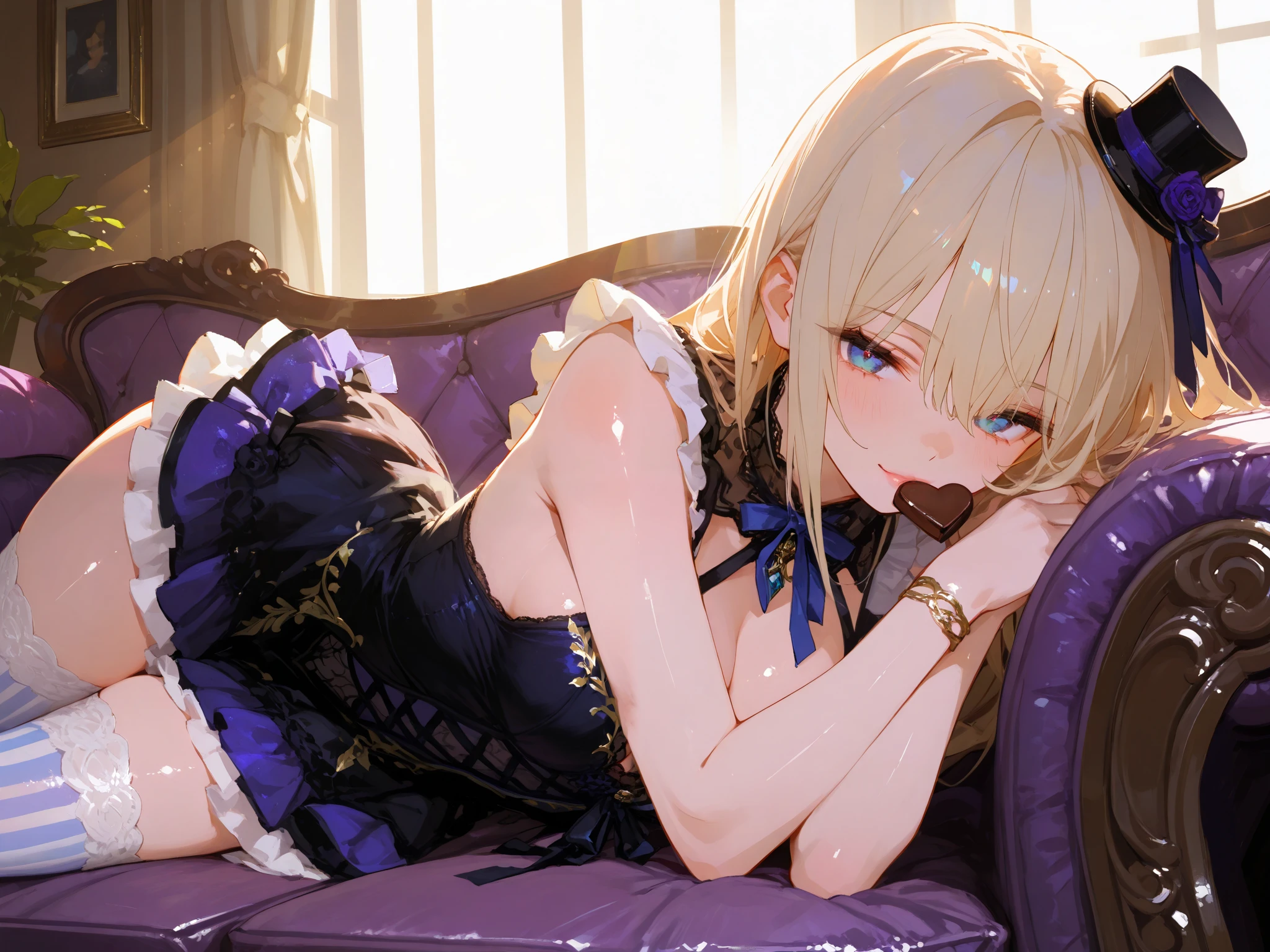 1girl, lying on a luxurious purple sofa,face forward, looking at the viewer, seductive expression, holding chocolate near lips, wearing a vibrant decorative dress with frills and ribbons, Emphasize cleavage,mini top hat, wrist bracelets, striped stockings, soft warm lighting, sunlight streaming through the window, elegant interior, anime style, digital painting, bloom effect, soft focus, 748cmstyle,luisap,shiny skin, detailed textures, digital painting, ultra-detailed, 8K, masterpiece, ray tracing, UHD, retina, masterpiece, accurate, anatomically correct, textured skin, super detail, high details, high quality, best quality, highres, 1080P, HD, 16k