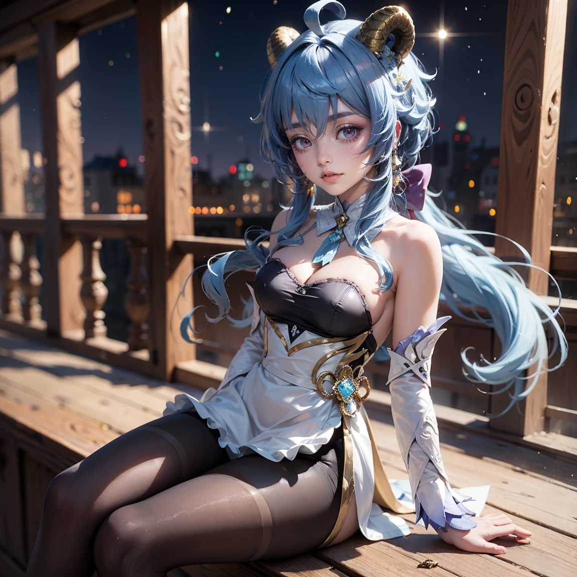 Beautiful woman in translucent costume，Peerless looks，Anime goddess，shift dresses，Jade foot，Long pink and blue hair，blue color eyes，Mage Mianyun short robe，Cord，Tie-up to the bed with a rope