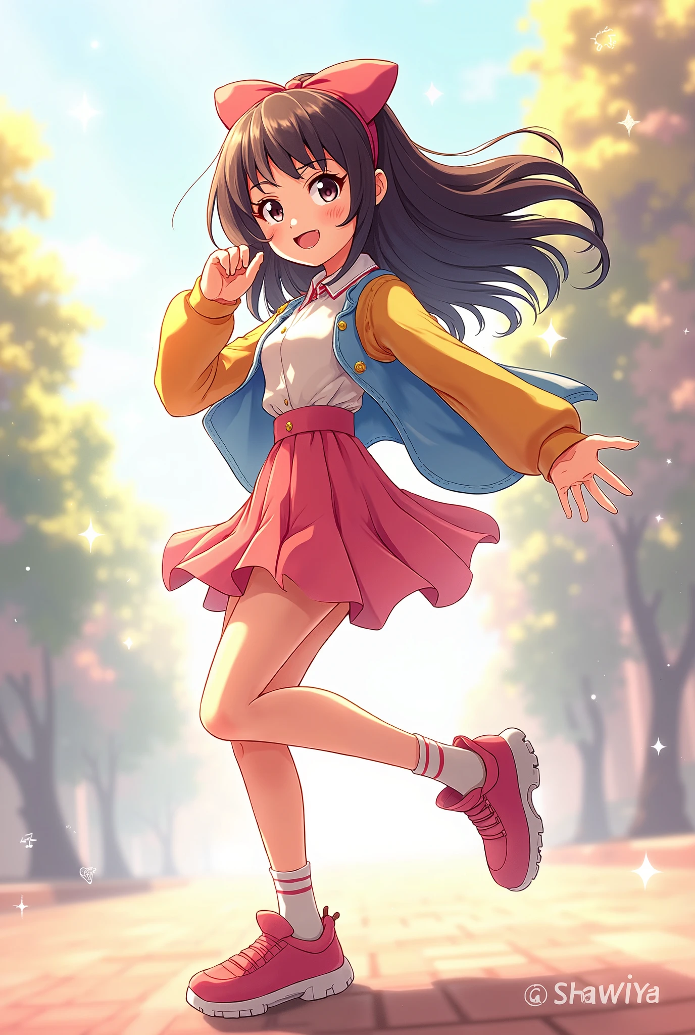 anime, adolescent,black skirt, black tights, flying shoes, Brown hair,Brown eyes, a pink headband