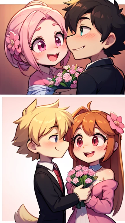 A heartwarming scene where Amirhossein is giving Sara a bouquet of pink flowers. He smiles warmly while presenting the gift, and Sara, blushing with happiness, accepts it with joy. The romantic connection between them is evident in their expressions and body language. Tiny toons adventure style
