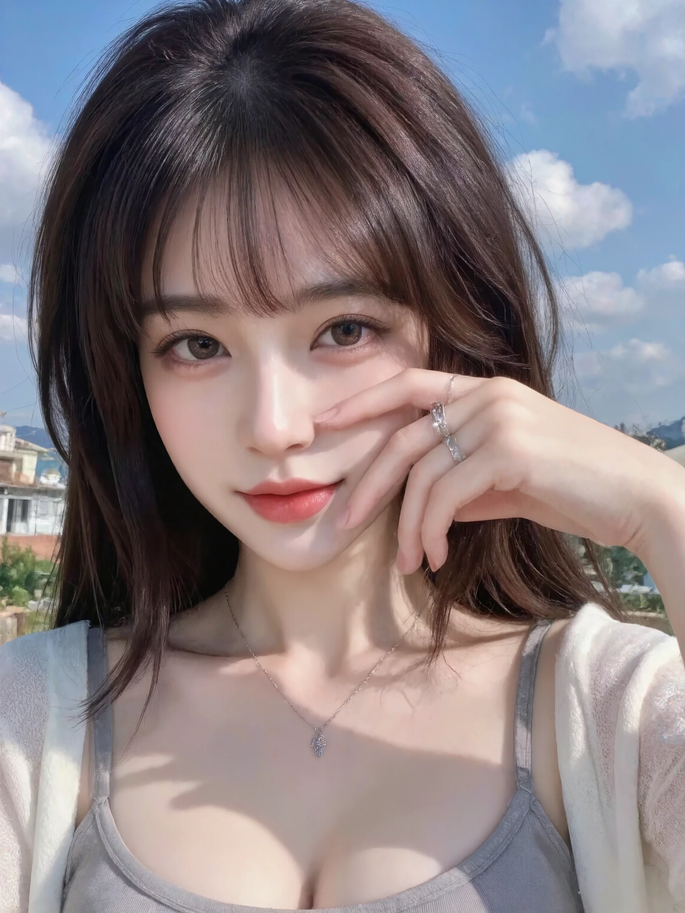 super detailed: 1.5, high resolution, sharp focus: 1.5, highest quality, Realism, Dim lighting : 1.2, Depth of Field, Bokeh, Beautiful Detailed Face , fair skin: 1.2, Natural neck length, Beautiful Hands , perfect figure, anatomically correct, Detailed Fabric Texture, Detailed hair textures, a pretty girl, pure and sweet expression , Oval face, Gentle and lovely, Skinny figure , Frontal lobe, Tilting your head, Direct View Camera , Heart, formal , round, big, dark eyes, Clear Big Eyes , Hydrating red lips, Blue Sky and White Clouds , great weather, Artificial grass , villa, light grey pencil maxi dress: 1.1, white translucent shawl, Soft Light and Shadow , natural breeze brushing hair , delicate skin texture , bokeh to highlight characters,Take a selfie 45 degrees downward,Smile,One-handed comparison ,Silver necklace,ring finger ring,Detailed necklace and ring details