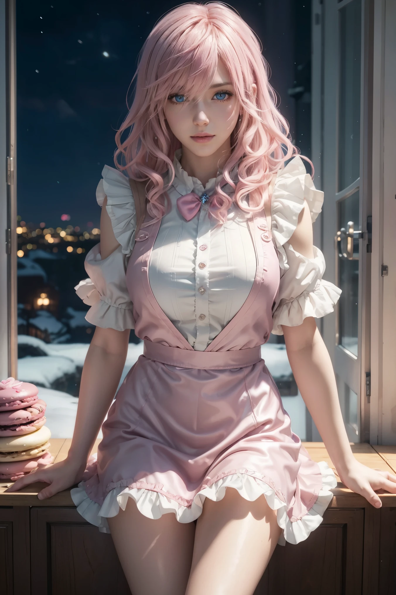  lightning , Final Fantasy,Pink Blonde, MEDIUM HAIR , light perm hair ,Curly hair on one side , lower the bangs, beautiful blue eyes, beautiful and high nose , in ultra high quality, super quality, Masterpiece, dslr, photorealistic, Detailed Details,Vivid details, Detailed , detailed face, Detailed Details,Super detail , realistic skin texture, colorful candy room , perfect anatomy, Anatomically Correct Hand , Anatomically Correct Fingers, ultra-high resolution energy A , sexy pose,candy white ruffle shirt , pink apron , maid clothes, fantasy candy country , Valentine's Day , Valentine's Day , luxurious candy house , final fantasy ,豪華な Valentine's Day , heart-marked balloons , colorful chocolate , Colorful Macaroons, valentine's gift box, Mysterious Snowy Scenery , fantastic night view ,Fantastic night sky,It&#39;s snowing,Picturesque, Photographing Her Full Body ,9 heads, pink lip close-up from below, beautiful curly hair , Luxury Necklaces, highlight a beautiful whole body , high leg thong , smiles,Beautiful neon ,Rain of Hearts,