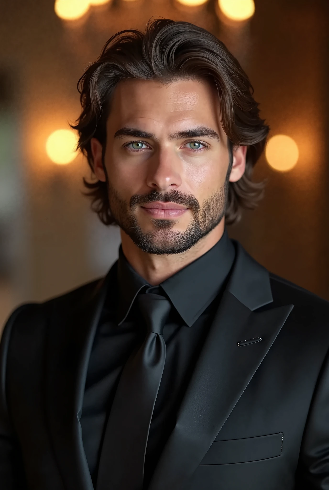 handsome and attractive young and very attractive, with a beard and white skin , blue eyes and shoulder-length brown hair, dressed in a black suit celebrating his birthday