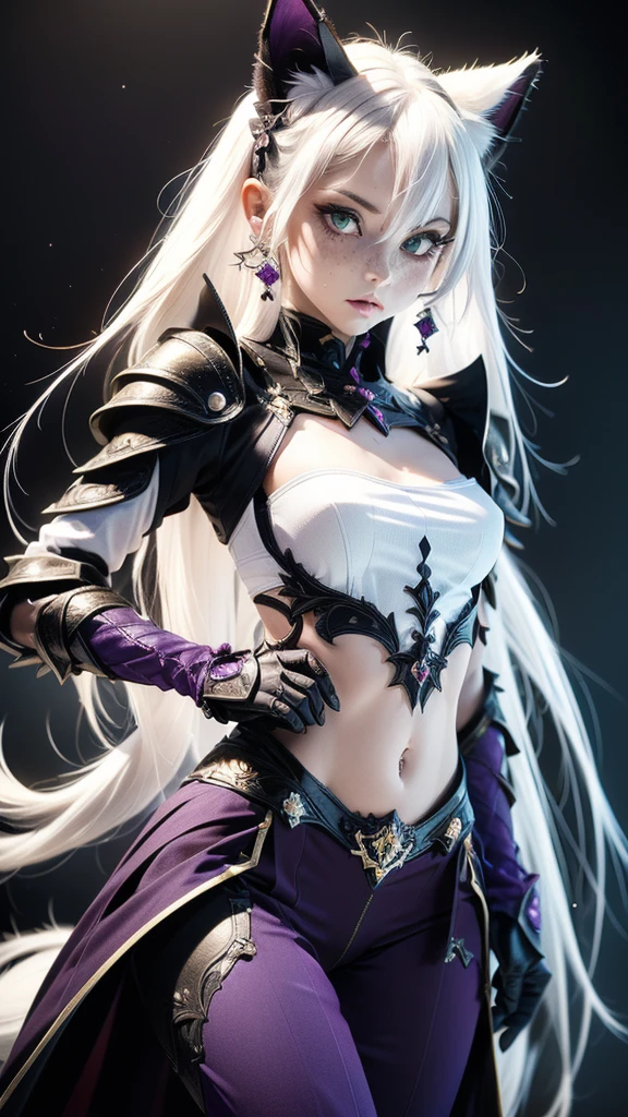 female vampire, dark cave background, purple eyes, white pupils, silver hair, fantasy colors, random beautiful dress, half body, dangerous, creepy look, masterpiece, ultra high details
