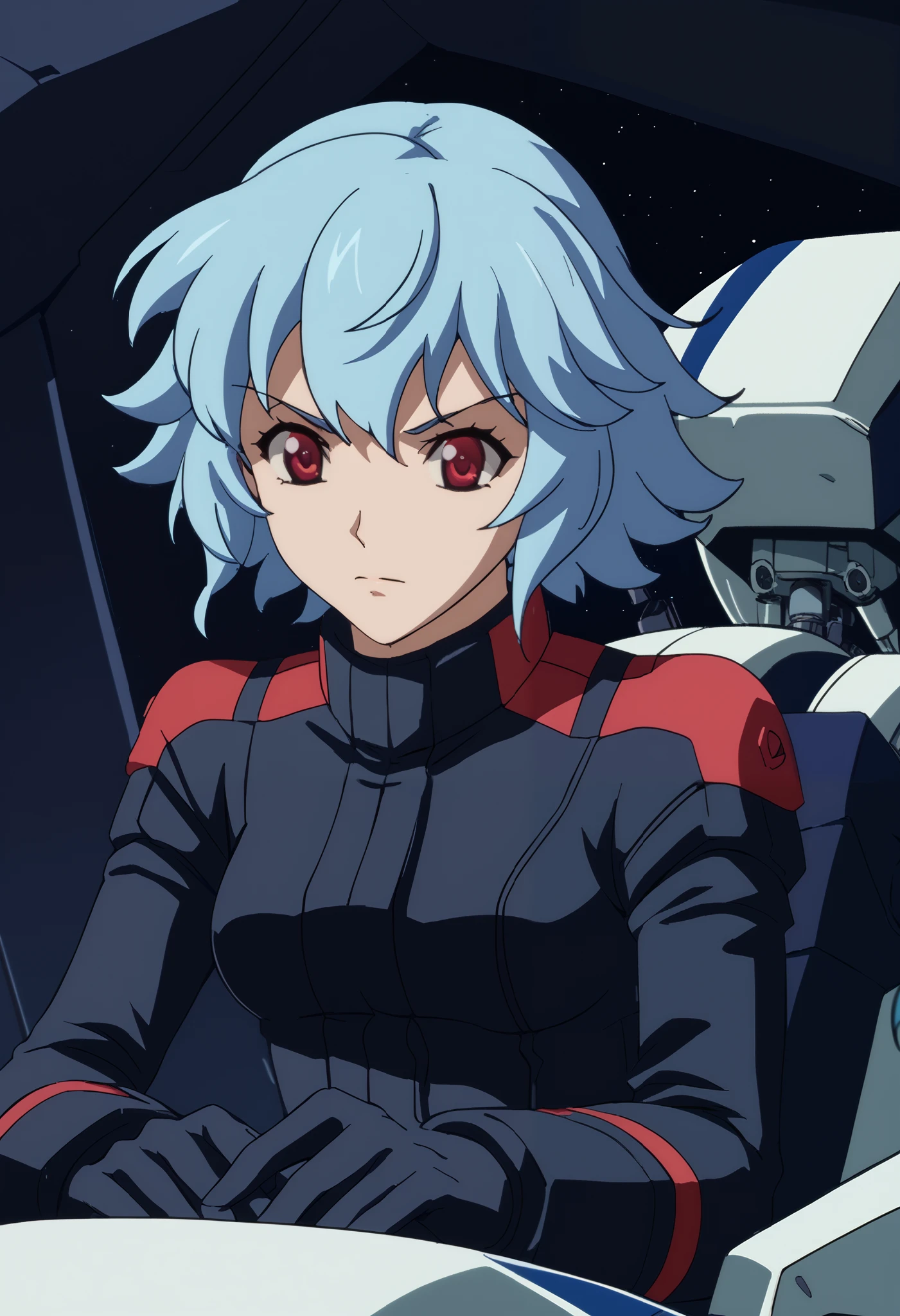 Z Gundam pilot suit, ( black pilot suit for piloting a machine:1.5) 、,score_9、 score_8_ up 、 score_7_ up 、 Destroys Top Quality 、 Refined details 、  Source Anime  、  1 girl、 short hair、 blue hair、 red eyes、The background is cockpit 