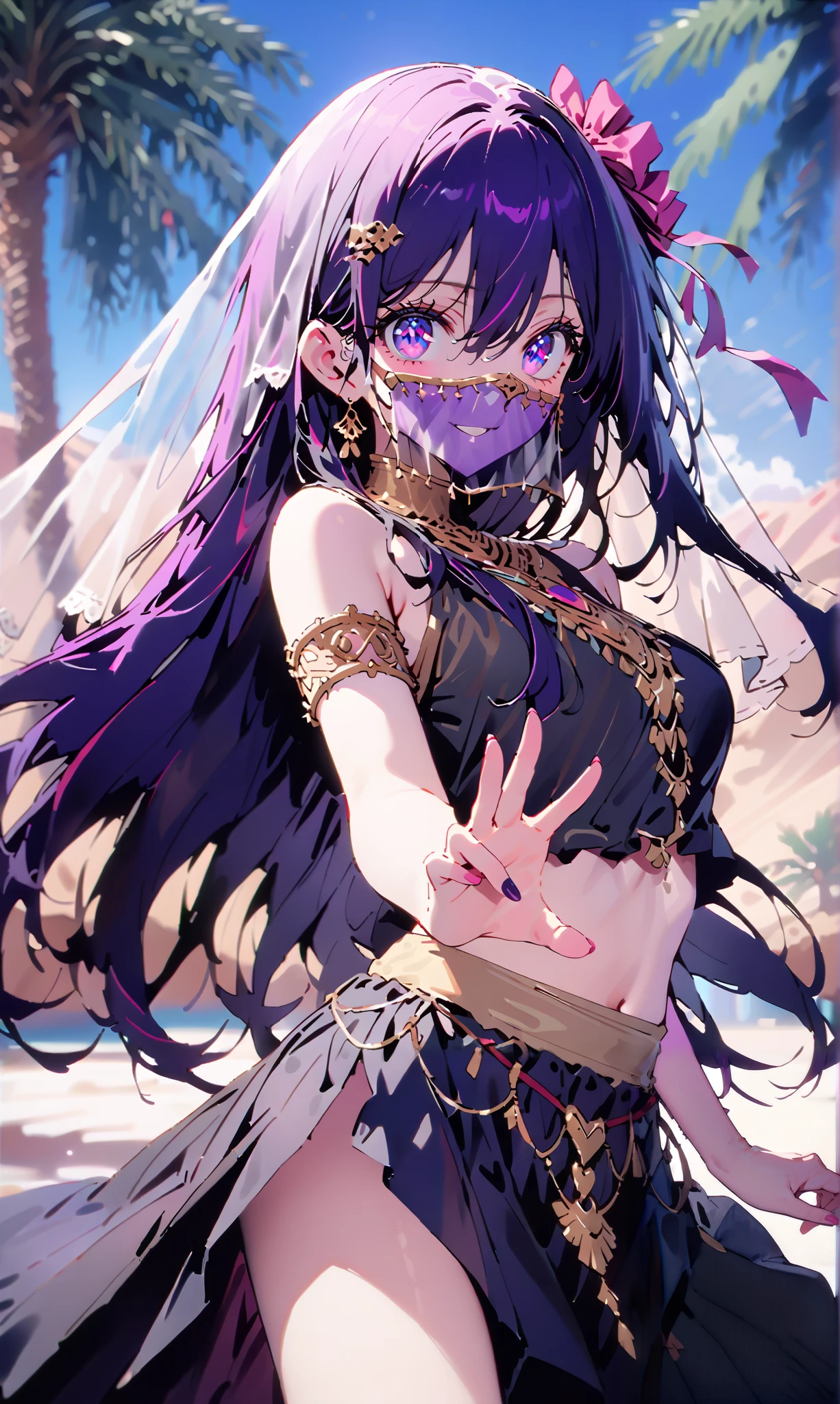 aihoshino, Hoshino Ai, long hair, bangs, ( purple eyes:1.1), purple hair, (Symbolic student :1.5), smile,, hair bow,, Arabic costume , dancer , mouth Veil, Belly Dance, Veil, armlet, palm tree , Dancing,Bare legs, 両手で三角shapeのおにぎりを持っている , break looking at viewer,
break outdoors, desert, oasis,
break ( masterpiece:1.2), top quality, Hi-Res, Unity 8k Wallpaper, (shape:0.8), ( accurate and beautiful eyes :1.6), Very Exquisite Face , perfect lighting, relies on extremely accurate CG , ( perfect hand, perfect anatomy),