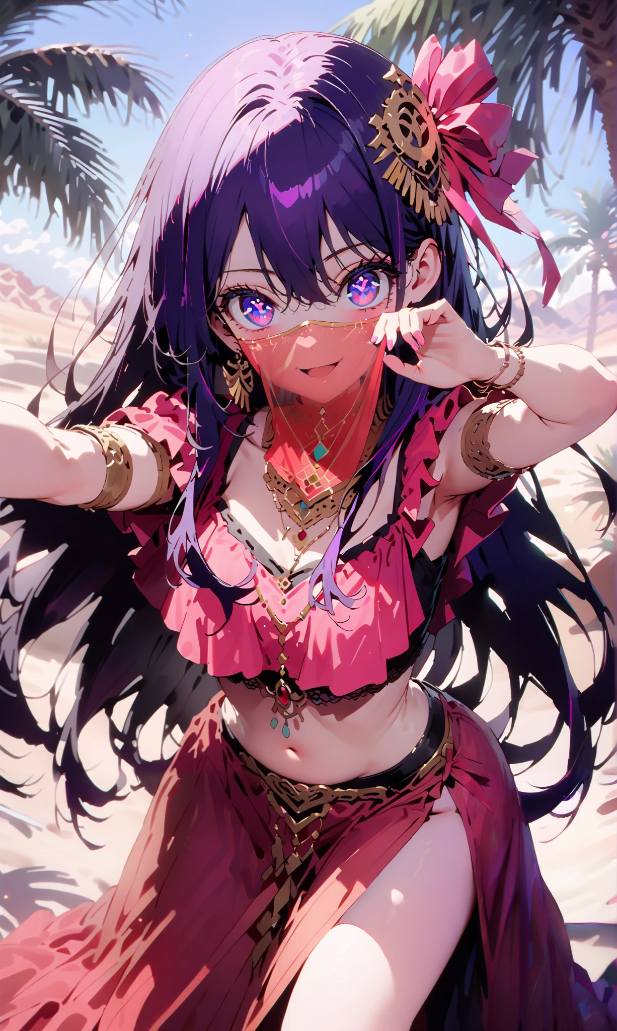 aihoshino, Hoshino Ai, long hair, bangs, ( purple eyes:1.1), purple hair, (Symbolic student :1.5), smile,, hair bow,, Arabic costume , dancer , mouth Veil, Belly Dance, Veil, armlet, palm tree , Dancing,Bare legs, 両手で三角shapeのおにぎりを持っている , break looking at viewer,
break outdoors, desert, oasis,
break ( masterpiece:1.2), top quality, Hi-Res, Unity 8k Wallpaper, (shape:0.8), ( accurate and beautiful eyes :1.6), Very Exquisite Face , perfect lighting, relies on extremely accurate CG , ( perfect hand, perfect anatomy),
