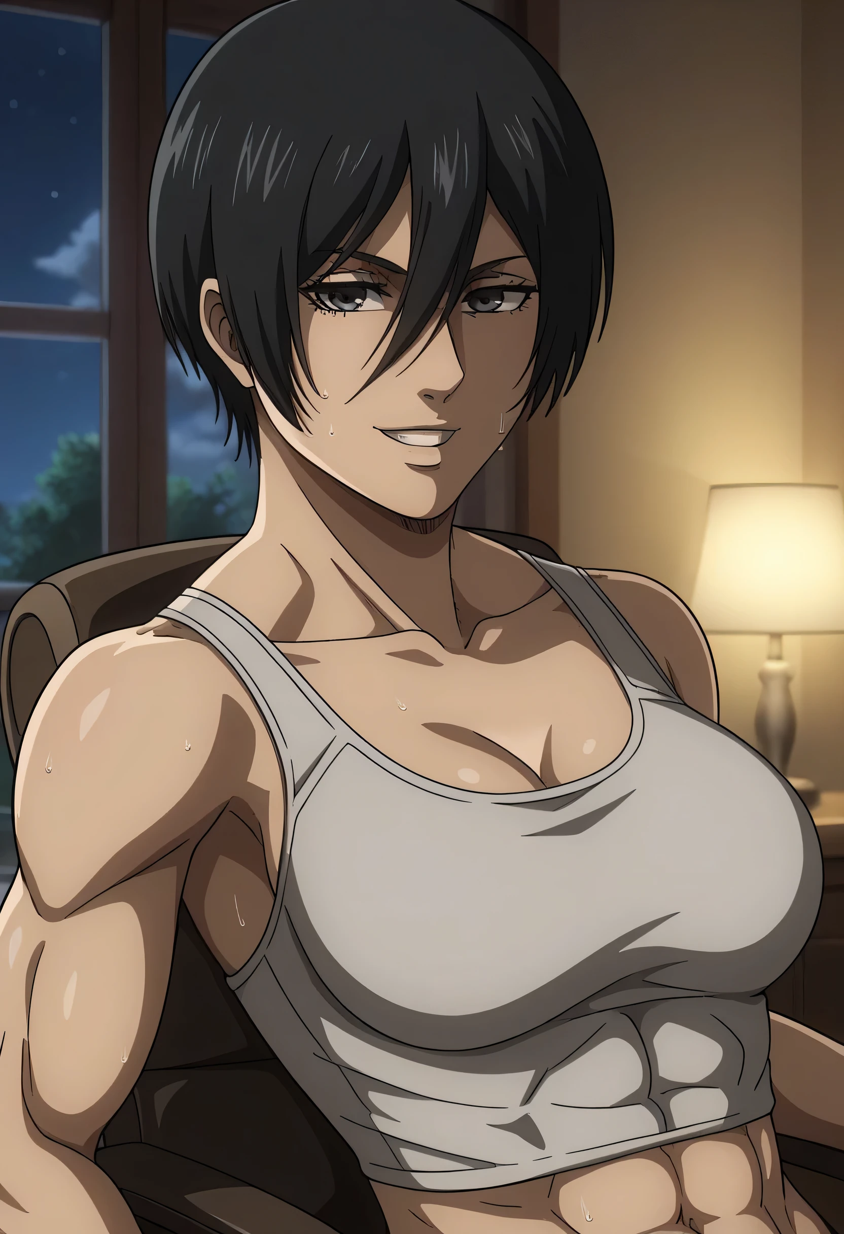 score_9, score_8_up, score_7_up, BREAK source_anime, mikasa ackrman, grey eyes, black hair, short hair, medium breasts,Mikasa wreanig black tight sport Elastic fiber bra and black loose military trousers,mikasa with good looking body,perfect lighting,mikasa final season design,mikasa mappa version,sitting on chair, Perfect generation,mikasa boy hairstyle,mikasa season 4 version,attack on titan graphics,in night,HD wallpaper,perfect colors,pixie cut hairstyle,fighting face,,Sweat body,mikasa flat stomach,mikasa only six-pack,normal body size,anime style,tone six-pack,attack on titan season 4 style,upper body,close review to character,bra design as tank top, mikasa handsome face,in bedroom,light trun off in room,mikasa alone in room,solo,1girl, serratus anterior muscles,Qblique muscles,female navel,teeth appear at smile,too white skin, white towel around mikasa neack