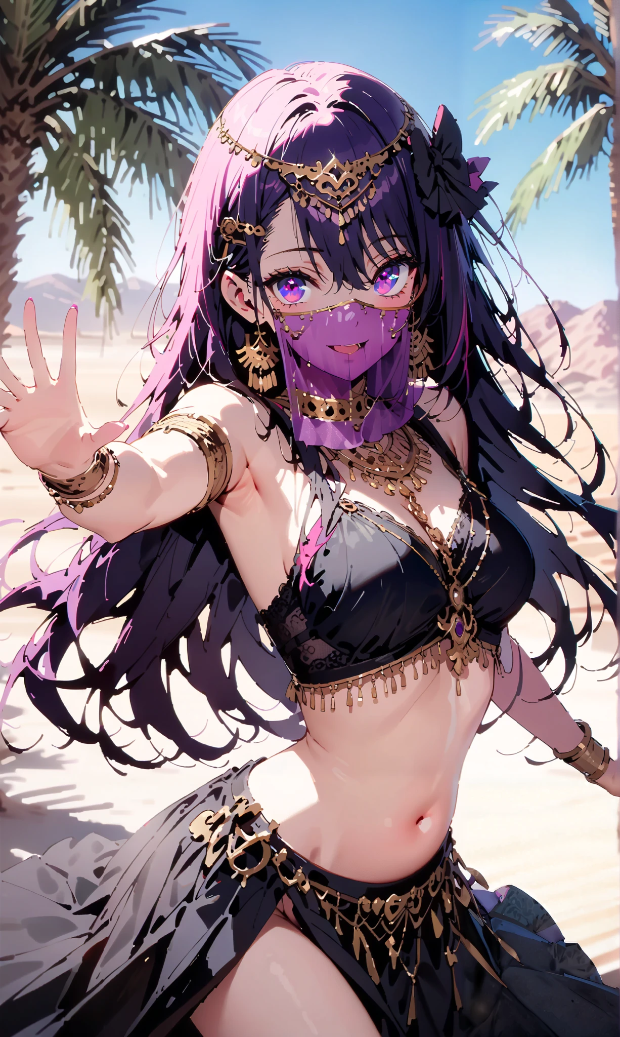 aihoshino, Hoshino Ai, long hair, bangs, ( purple eyes:1.1), purple hair, (Symbolic student :1.5), smile,, hair bow,, Arabic costume , dancer , mouth Veil, Belly Dance, Veil, armlet, palm tree , Dancing,Bare legs, 両手で三角shapeのおにぎりを持っている , break looking at viewer,
break outdoors, desert, oasis,
break ( masterpiece:1.2), top quality, Hi-Res, Unity 8k Wallpaper, (shape:0.8), ( accurate and beautiful eyes :1.6), Very Exquisite Face , perfect lighting, relies on extremely accurate CG , ( perfect hand, perfect anatomy),