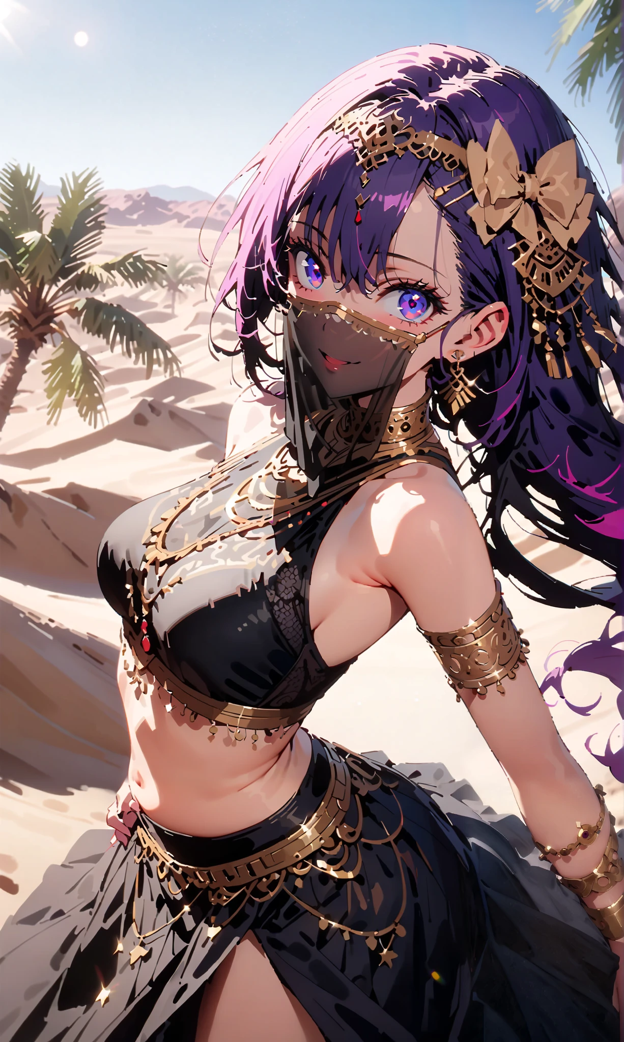 aihoshino, Hoshino Ai, long hair, bangs, ( purple eyes:1.1), purple hair, (Symbolic student :1.5), smile,, hair bow,, Arabic costume , dancer , mouth Veil, Belly Dance, Veil, armlet, palm tree , Dancing,Bare legs, 両手で三角shapeのおにぎりを持っている , break looking at viewer,
break outdoors, desert, oasis,
break ( masterpiece:1.2), top quality, Hi-Res, Unity 8k Wallpaper, (shape:0.8), ( accurate and beautiful eyes :1.6), Very Exquisite Face , perfect lighting, relies on extremely accurate CG , ( perfect hand, perfect anatomy),