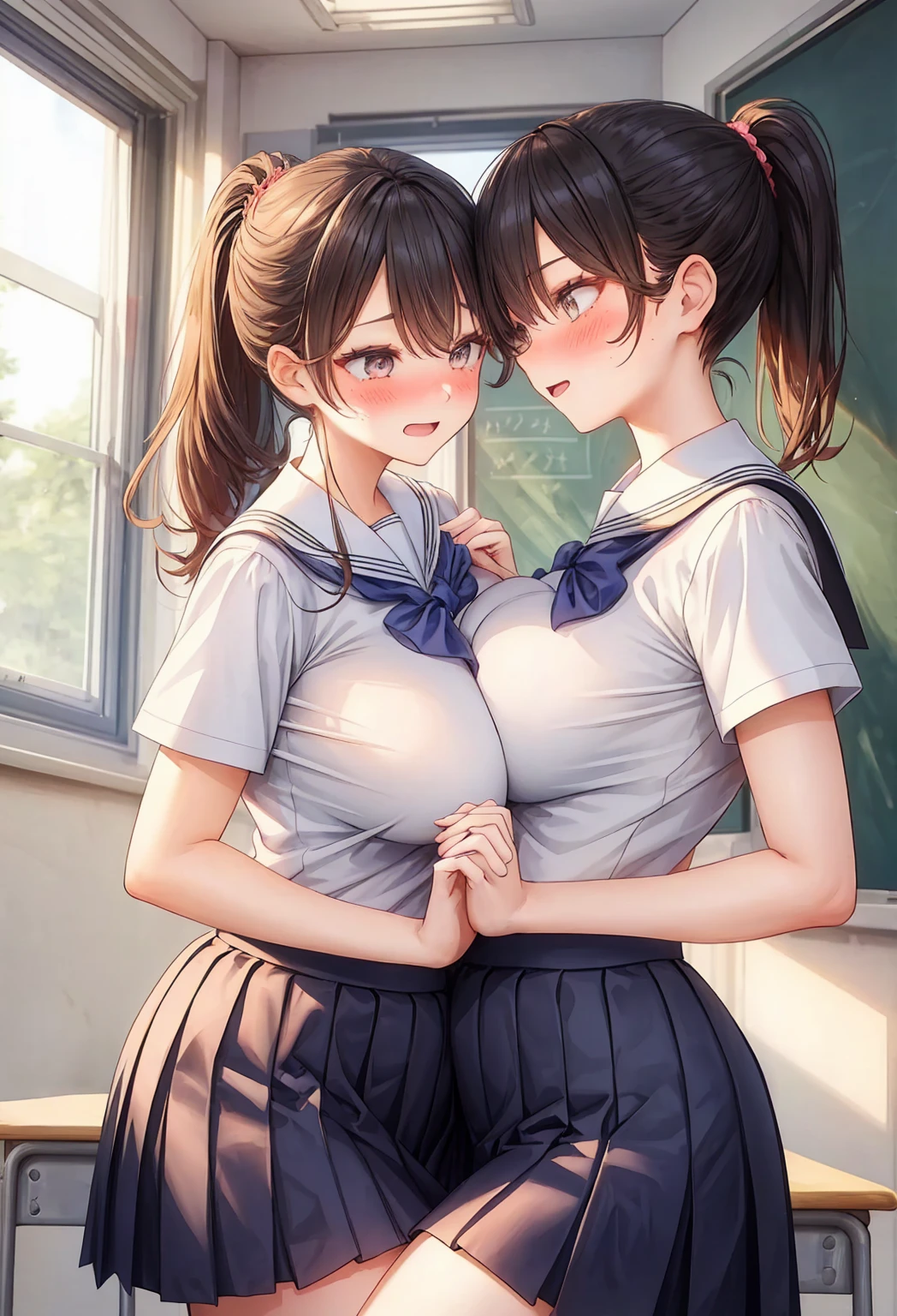 Two age girls,Angry expression,Equal height,At the bed,Black hair ponytail,Face to face, staring at each other,Embrace,Two bodies approaching,kiss、Photo of the two of them、Holding hands and facing each other、向かい合うPhoto of the two of them、Push each other、together、,highest quality,1 girl,kiss_tonguetongue,,tongue、Two Girls、together舐める、Girls facing each other、抱き合いながらkiss、Huge 、向かい合ってkiss、Embrace、uniform、high school girl、mini skirt、Huge乳房、Nipples visible、Upper body naked、超Huge乳房