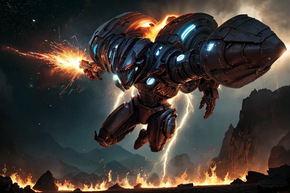1male, space warrior in sleek metallic armor with glowing blue accents and intricate engravings; the armor features a flowing black cape dramatically billowing in the wind; wielding a plasma sword mid-swing with radiant blue energy trails; the character is leaping forward in an aggressive and heroic pose, eyes glowing intensely with determination, set on a chaotic alien battlefield with explosions and debris flying through the air; distant mountains glowing with molten lava; a massive alien spaceship hovering ominously in the background; dynamic low-angle shot to emphasize action and scale, cinematic lighting with intense highlights and shadows; glowing plasma sword casting vibrant blue light onto the character and surroundings; volumetric light rays cutting through the smoky battlefield; sparks, glowing embers, and energy particles enhancing the sense of motion, epic sci-fi blockbuster style with dramatic tension; high-energy and action-packed,