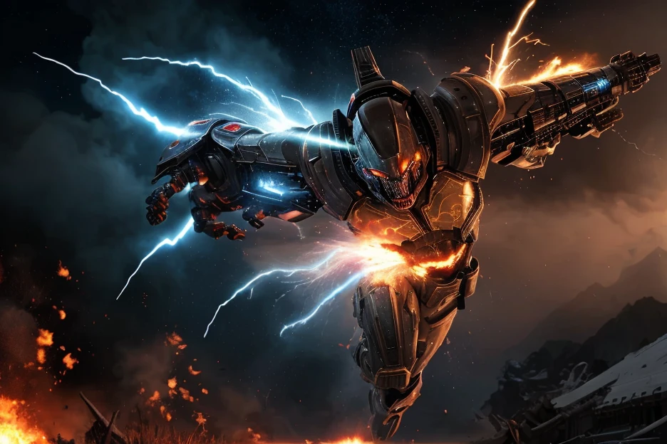 1male, space warrior in sleek metallic armor with glowing blue accents and intricate engravings; the armor features a flowing black cape dramatically billowing in the wind; wielding a plasma sword mid-swing with radiant blue energy trails; the character is leaping forward in an aggressive and heroic pose, eyes glowing intensely with determination, set on a chaotic alien battlefield with explosions and debris flying through the air; distant mountains glowing with molten lava; a massive alien spaceship hovering ominously in the background; dynamic low-angle shot to emphasize action and scale, cinematic lighting with intense highlights and shadows; glowing plasma sword casting vibrant blue light onto the character and surroundings; volumetric light rays cutting through the smoky battlefield; sparks, glowing embers, and energy particles enhancing the sense of motion, epic sci-fi blockbuster style with dramatic tension; high-energy and action-packed,