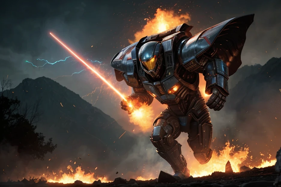 1male, space warrior in sleek metallic armor with glowing blue accents and intricate engravings; the armor features a flowing black cape dramatically billowing in the wind; wielding a plasma sword mid-swing with radiant blue energy trails; the character is leaping forward in an aggressive and heroic pose, eyes glowing intensely with determination, set on a chaotic alien battlefield with explosions and debris flying through the air; distant mountains glowing with molten lava; a massive alien spaceship hovering ominously in the background; dynamic low-angle shot to emphasize action and scale, cinematic lighting with intense highlights and shadows; glowing plasma sword casting vibrant blue light onto the character and surroundings; volumetric light rays cutting through the smoky battlefield; sparks, glowing embers, and energy particles enhancing the sense of motion, epic sci-fi blockbuster style with dramatic tension; high-energy and action-packed,