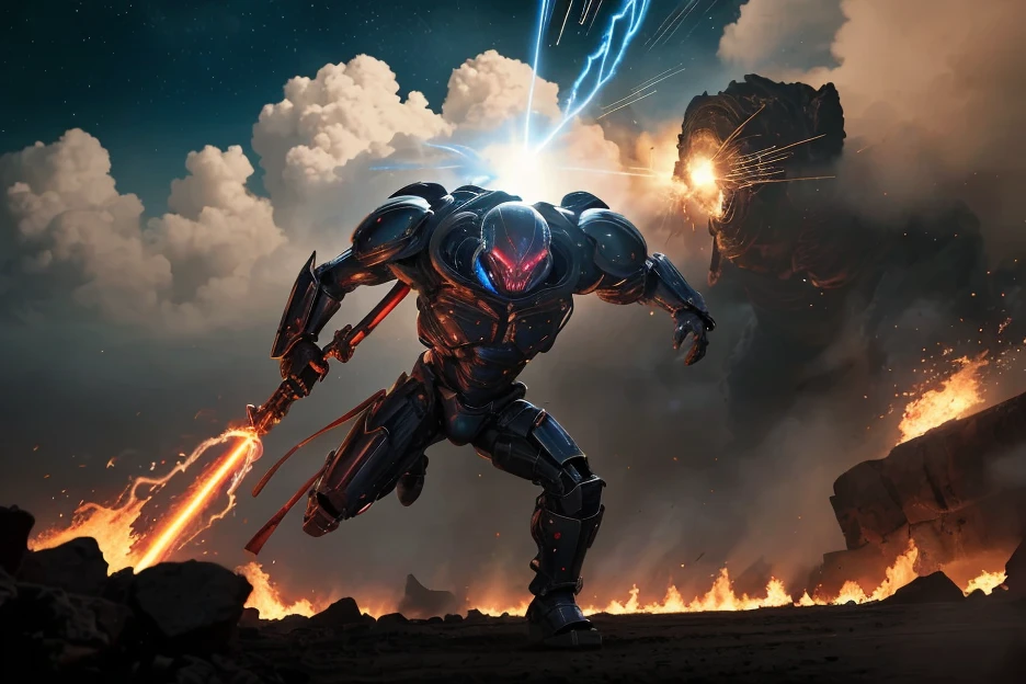 1male, space warrior in sleek metallic armor with glowing blue accents and intricate engravings; the armor features a flowing black cape dramatically billowing in the wind; wielding a plasma sword mid-swing with radiant blue energy trails; the character is leaping forward in an aggressive and heroic pose, eyes glowing intensely with determination, set on a chaotic alien battlefield with explosions and debris flying through the air; distant mountains glowing with molten lava; a massive alien spaceship hovering ominously in the background; dynamic low-angle shot to emphasize action and scale, cinematic lighting with intense highlights and shadows; glowing plasma sword casting vibrant blue light onto the character and surroundings; volumetric light rays cutting through the smoky battlefield; sparks, glowing embers, and energy particles enhancing the sense of motion, epic sci-fi blockbuster style with dramatic tension; high-energy and action-packed,