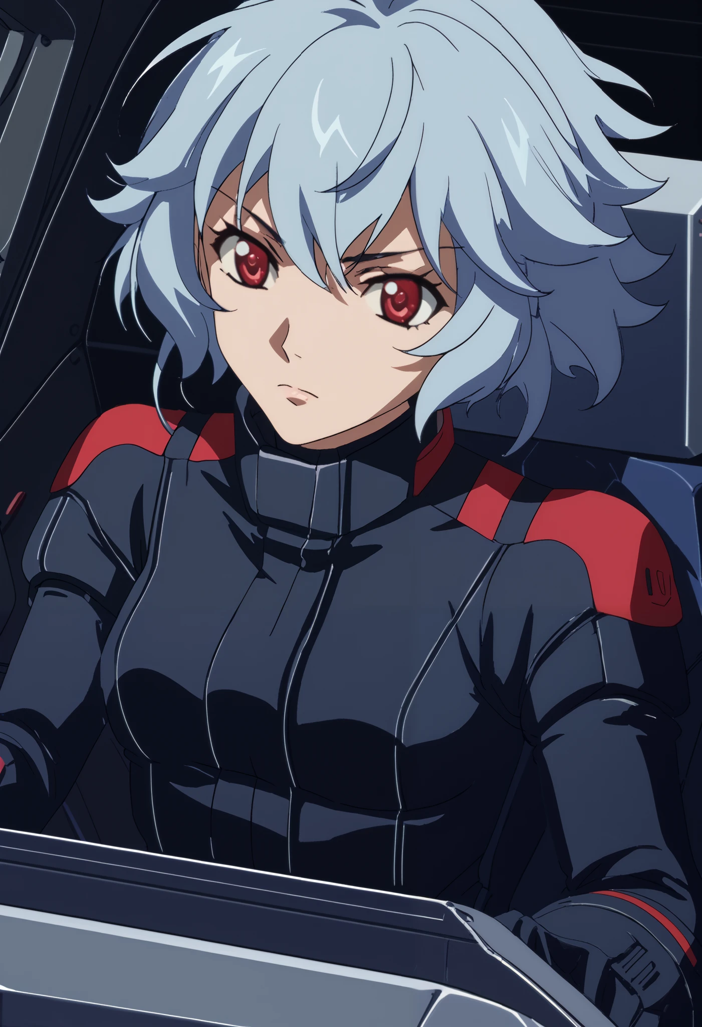 Z Gundam pilot suit, ( black pilot suit for piloting a machine:1.5) 、,score_9、 score_8_ up 、 score_7_ up 、 Destroys Top Quality 、 Refined details 、 Source Anime 、 1 girl、 short hair、 gray hair、 red eyes、The background is cockpit 、