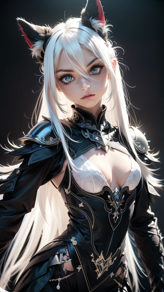A beautiful girl with piercing blue eyes and long flowing silver hair, wearing ornate plate armor, wielding a large longsword, (best quality,8k,highres,masterpiece:1.2),ultra-detailed,(realistic,photorealistic,photo-realistic:1.37),intricate details,dramatic lighting,cinematic,fantasy art,digital painting,vibrant colors,glowing halo,powerful,heroic