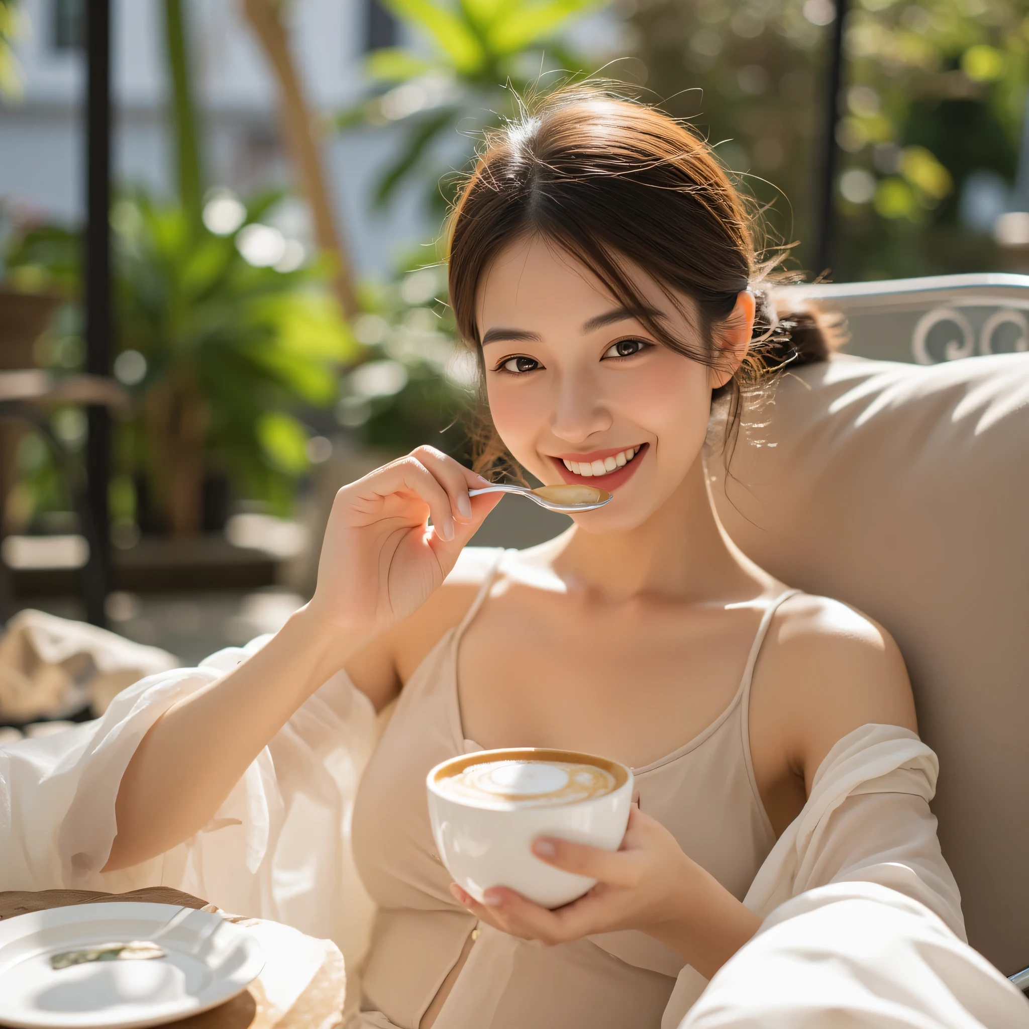 A charming 20-something cute super sexy Japanese person enjoying a relaxing time at a stylish terrace café, with a warm and radiant smile. They are dressed fashionably in warm colors such as soft white, wearing a revealing yet elegant outfit that highlights their allure. Seated comfortably, they exude grace and sophistication as they take a sip of a beautifully crafted coffee, stir their drink with a delicate spoon, or playfully admire the foam art in their cup. Their smile is inviting and full of joy, adding to their captivating presence. The background features a chic outdoor café with lush greenery, modern furnishings, and a gentle breeze rustling through. Sunlight casts a soft golden glow, creating a warm, dreamy, and enchanting atmosphere. The mood is cozy, refined, and effortlessly charming.
