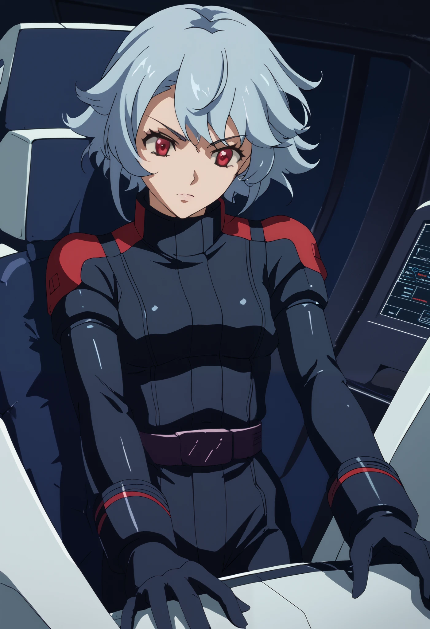 Z Gundam pilot suit, ( black pilot suit for piloting a machine:1.5) 、,score_9、 score_8_ up 、 score_7_ up 、 Destroys Top Quality 、 Refined details 、 Source Anime 、 1 girl、 short hair、 gray hair、 red eyes、The background is cockpit 、