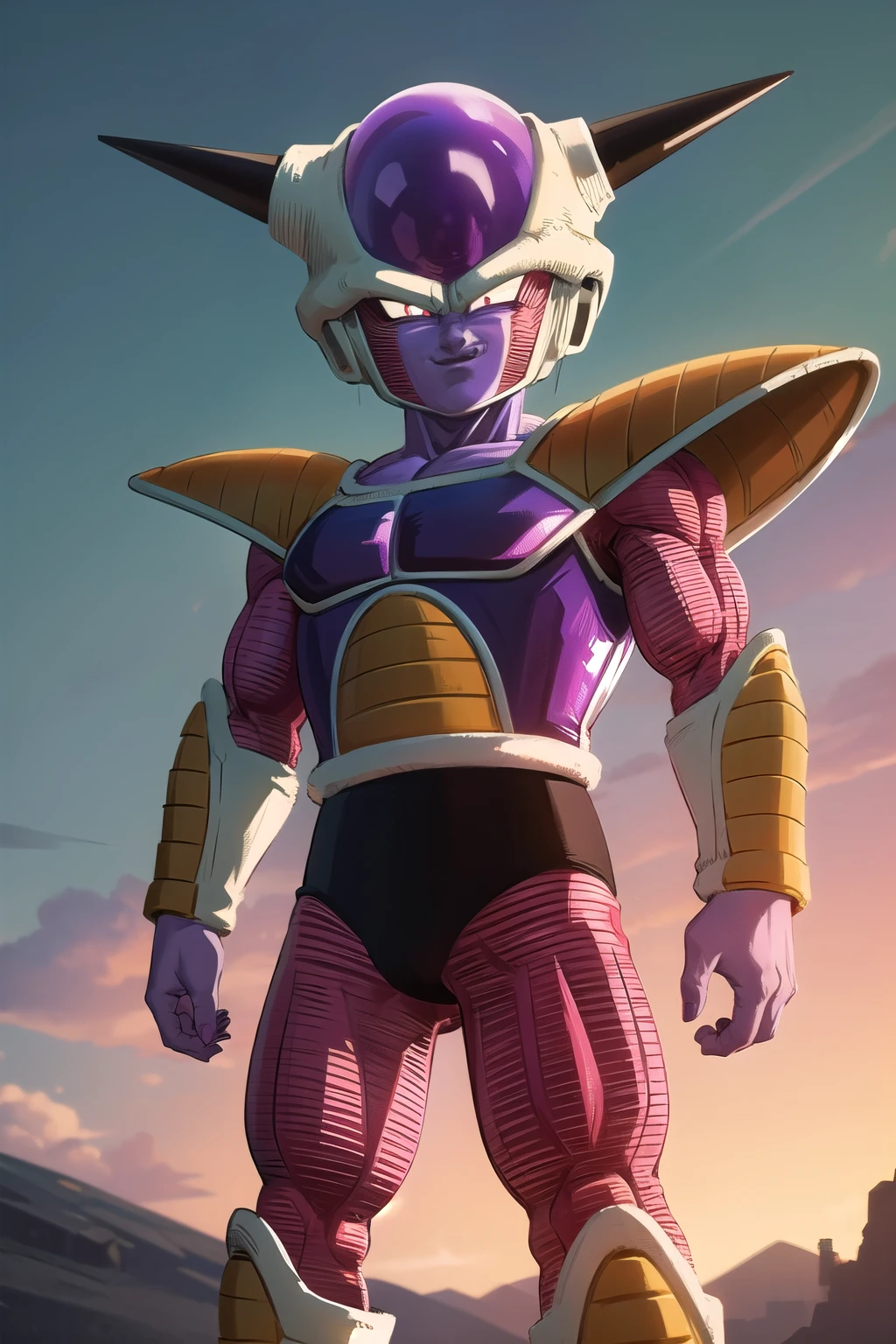 masterpiece, better quality, 1 boy, Frieza, close-up, looking at the viewer , male focus, red eyes , alone, Serious, (OUTLINE:0.4), green sky pointing at the observer, malicious smile, Saiyan armor , Well detailed more finished, perfect