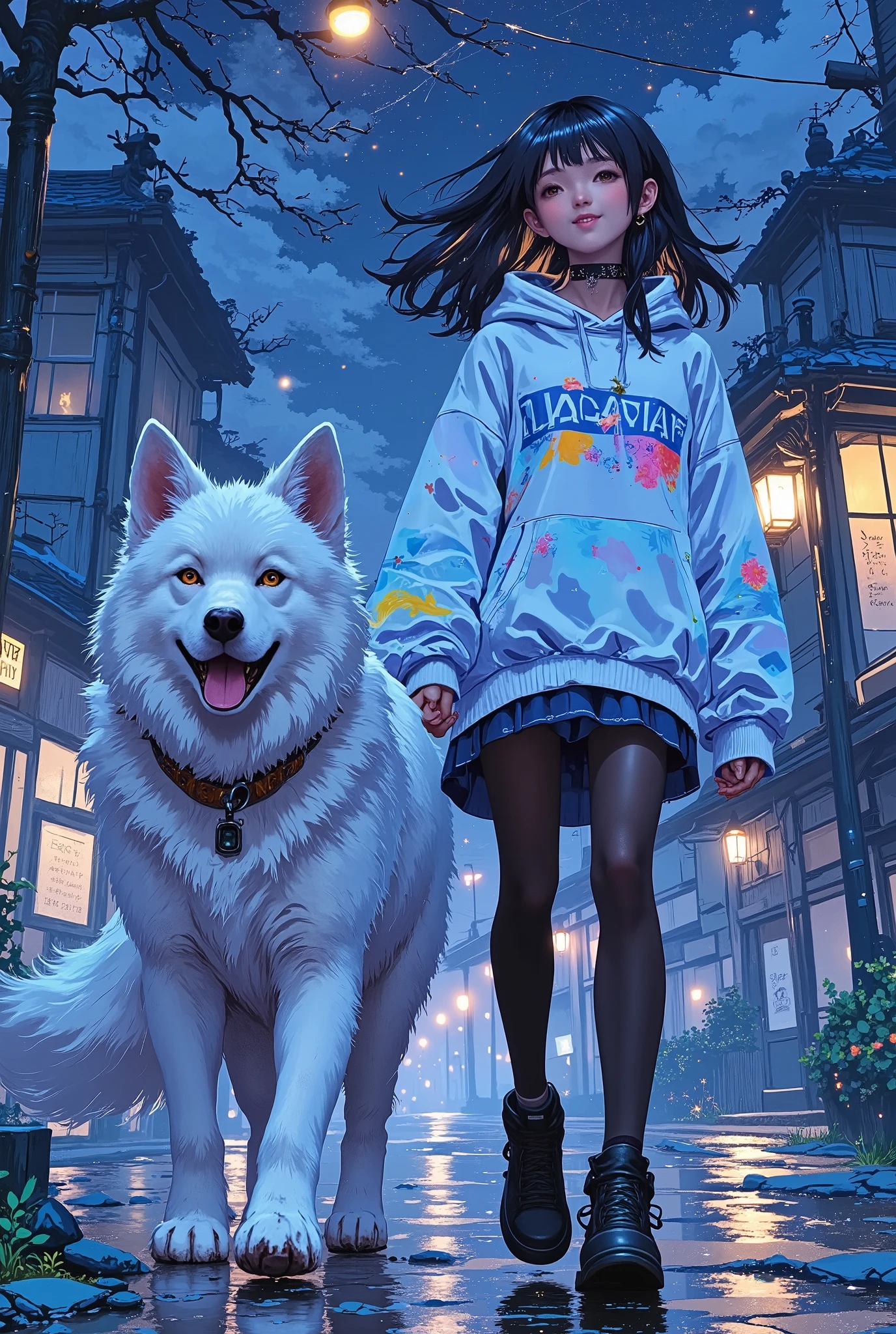 A (((beautiful girl))) with a (((cheerful smile))), dressed in a flowing ((blue and white shirt)), paired with a ((blue skirt)), (((black pantyhose))), complemented by a cozy ((white hoodie)) that covers her shoulders and chest)), with (((light blue fur trim))) around the edges. She's walking confidently alongside her (((large, furry white dog))) with a ((playful expression)) on its face. Both are under a (softly glowing starry night sky) with the silhouette of the (distinctive lights) on the horizon, suggesting a whimsically magical ambiance