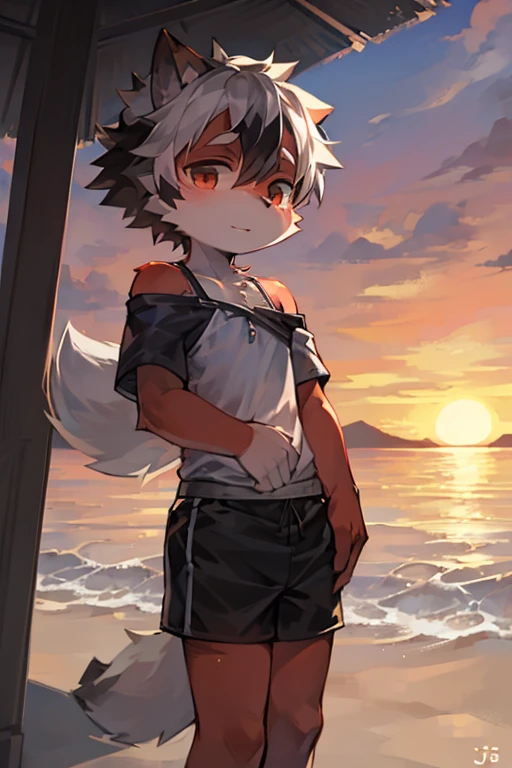 bunny boy,furry men,Sickly,Cute appearance,Short stature,Characteristics of three-year-old boy,Summer short sleeves with jacket,Shorts don't stand out