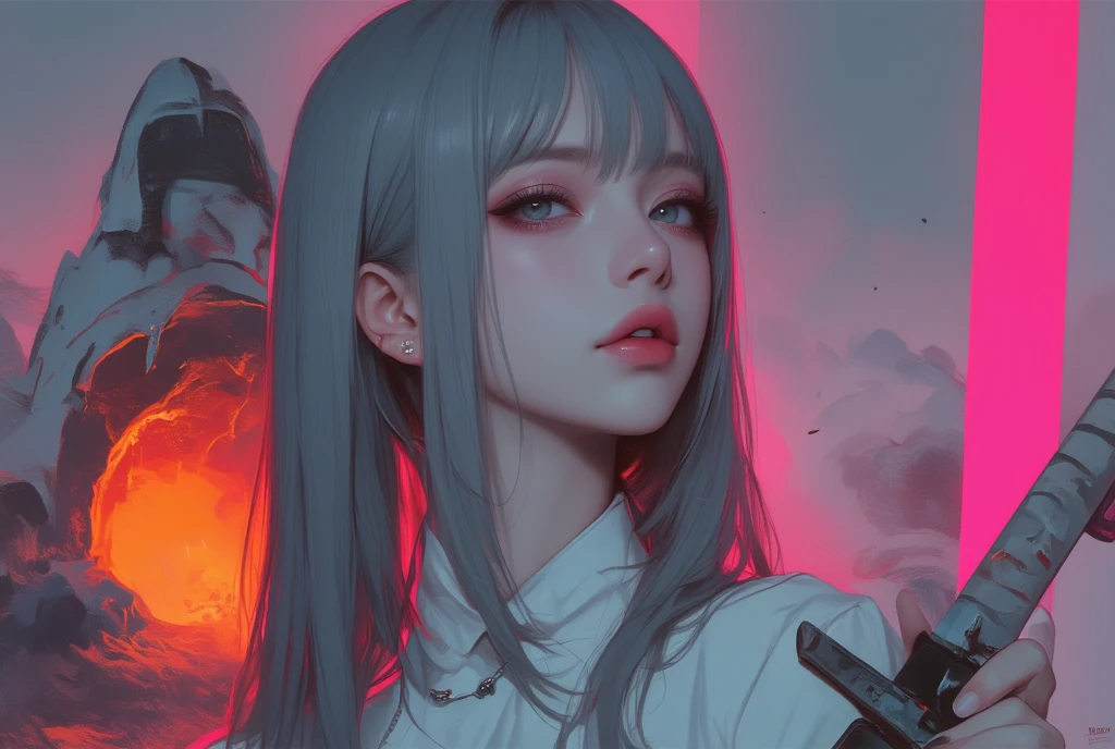 masterpiece, top quality, amazing quality, very beautiful, high resolution, very detailed, absurd, latest, 
(1 girl, solo, long straight hair, with bangs, gray hair, blue eyes, half eyes, orgasmic face, looking at viewer, curvy body, lips, erect nipples, oil skin, slim body beauty), medium full shot, ((extra fine body, extra fine shadow)),
BREAK White latex suit, future female samurai, cyberpunk vibe, front view, profile, samurai sword in hand, standing on space shuttle, meteorite cut in half in background spewing lava from cut, neon light, soft ambient light, complex Detail,