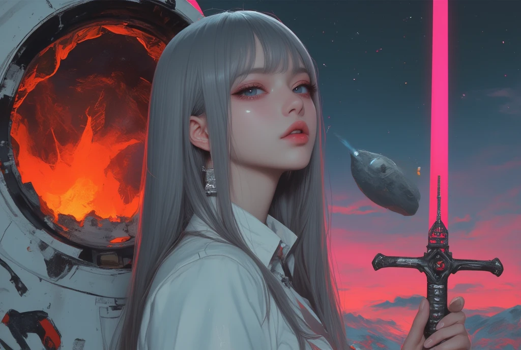 masterpiece, top quality, amazing quality, very beautiful, high resolution, very detailed, absurd, latest, 
(1 girl, solo, long straight hair, with bangs, gray hair, blue eyes, half eyes, orgasmic face, looking at viewer, curvy body, lips, erect nipples, oil skin, slim body beauty), medium full shot, ((extra fine body, extra fine shadow)),
BREAK White latex suit, future female samurai, cyberpunk vibe, front view, profile, samurai sword in hand, standing on space shuttle, meteorite cut in half in background spewing lava from cut, neon light, soft ambient light, complex Detail,