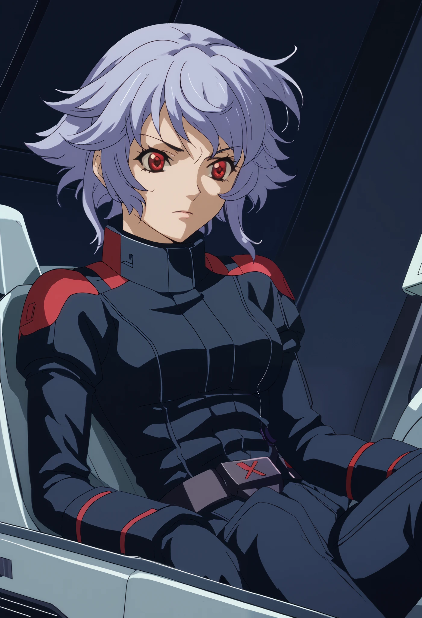 Z Gundam pilot suit, ( black pilot suit for piloting a machine:1.5) 、,score_9、 score_8_ up 、 score_7_ up 、 Destroys Top Quality 、 Refined details 、 Source Anime 、 1 girl、 short hair、 purple hair 、 red eyes、The background is cockpit 、