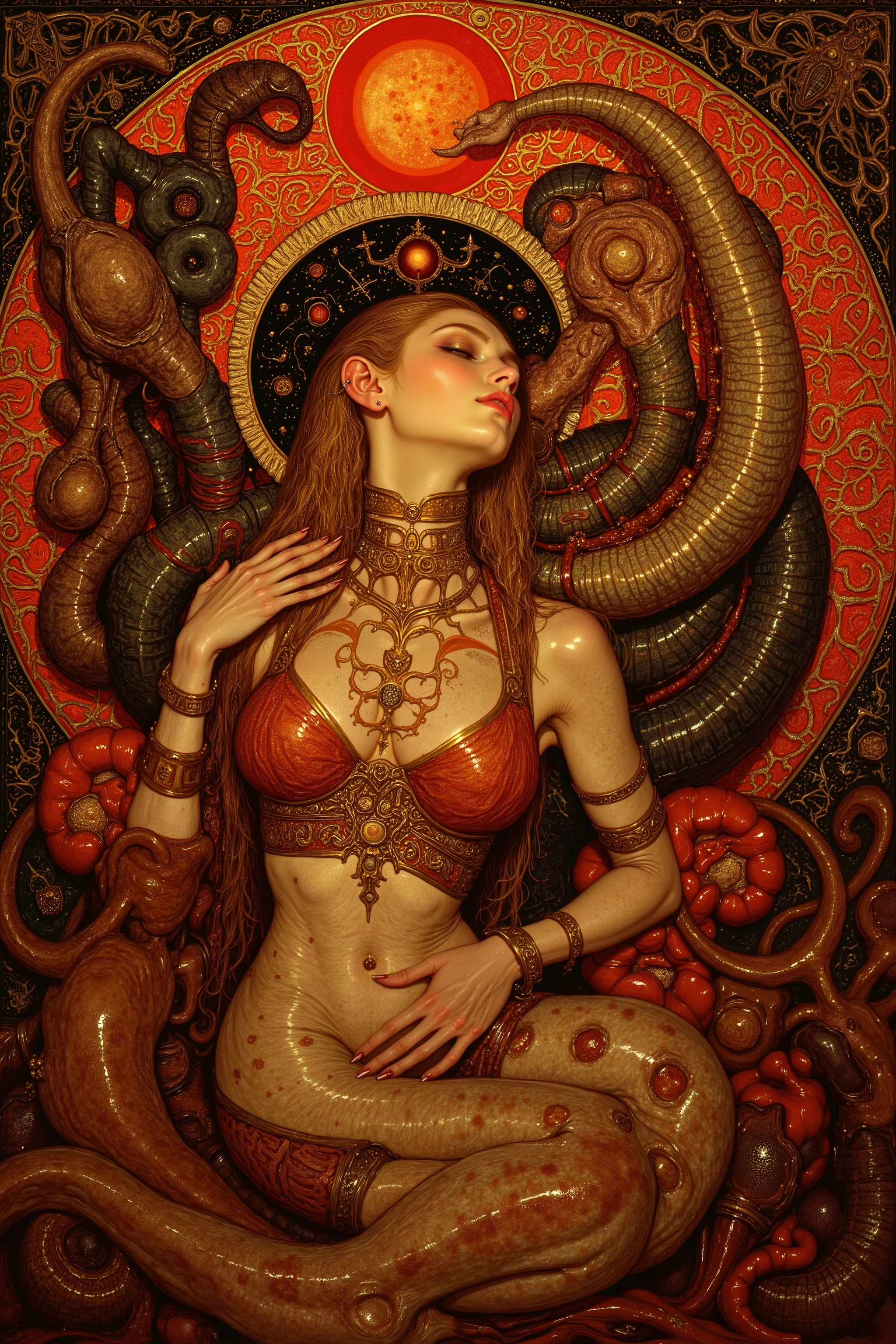 (((facing to the side,from side,side view,facial profile,profile:1.5))),1 girl,((beautiful goddess,motherly)),((zazen,buddha pose,sitting,praying hands:1.5)),body horror, portrait ,close up,third eye,biomachine,(bloody),shining sun, living being, (vivid color),(colorful),(tangled:1.2),(wearing robe:1.2), H.R Giger style, wingry 6 arms,Gustav Klimt Style,
Granulated,blood vessels,red liquid,red,gold,ritual,Abundance,
16k,detailed image, by gustavklimt,creature,biomechanical style