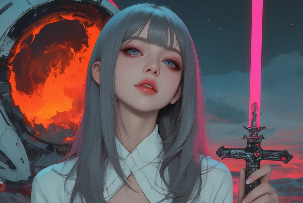 masterpiece, top quality, amazing quality, very beautiful, high resolution, very detailed, absurd, latest, 
(1 girl, solo, long straight hair, with bangs, gray hair, blue eyes, half eyes, orgasmic face, looking at viewer, curvy body, lips, erect nipples, oil skin, slim body beauty), medium full shot, ((extra fine body, extra fine shadow)),
BREAK White latex suit, future female samurai, cyberpunk vibe, front view, profile, samurai sword in hand, standing on space shuttle, meteorite cut in half in background spewing lava from cut, neon light, soft ambient light, complex Detail,