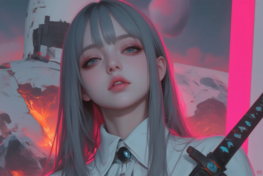 masterpiece, top quality, amazing quality, very beautiful, high resolution, very detailed, absurd, latest, 
(1 girl, solo, long straight hair, with bangs, gray hair, blue eyes, half eyes, orgasmic face, looking at viewer, curvy body, lips, erect nipples, oil skin, slim body beauty), medium full shot, ((extra fine body, extra fine shadow)),
BREAK White latex suit, future female samurai, cyberpunk vibe, front view, profile, samurai sword in hand, standing on space shuttle, meteorite cut in half in background spewing lava from cut, neon light, soft ambient light, complex Detail,