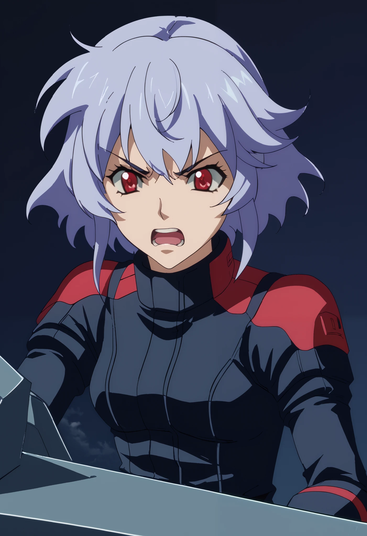 Z Gundam pilot suit, ( black pilot suit for piloting a machine:1.5) 、,score_9、 score_8_ up 、 score_7_ up 、 Destroys Top Quality 、 Refined details 、 Source Anime 、 1 girl、 short hair、 purple hair 、 red eyes、The background is cockpit 、 angry face、Open your mouth and scream