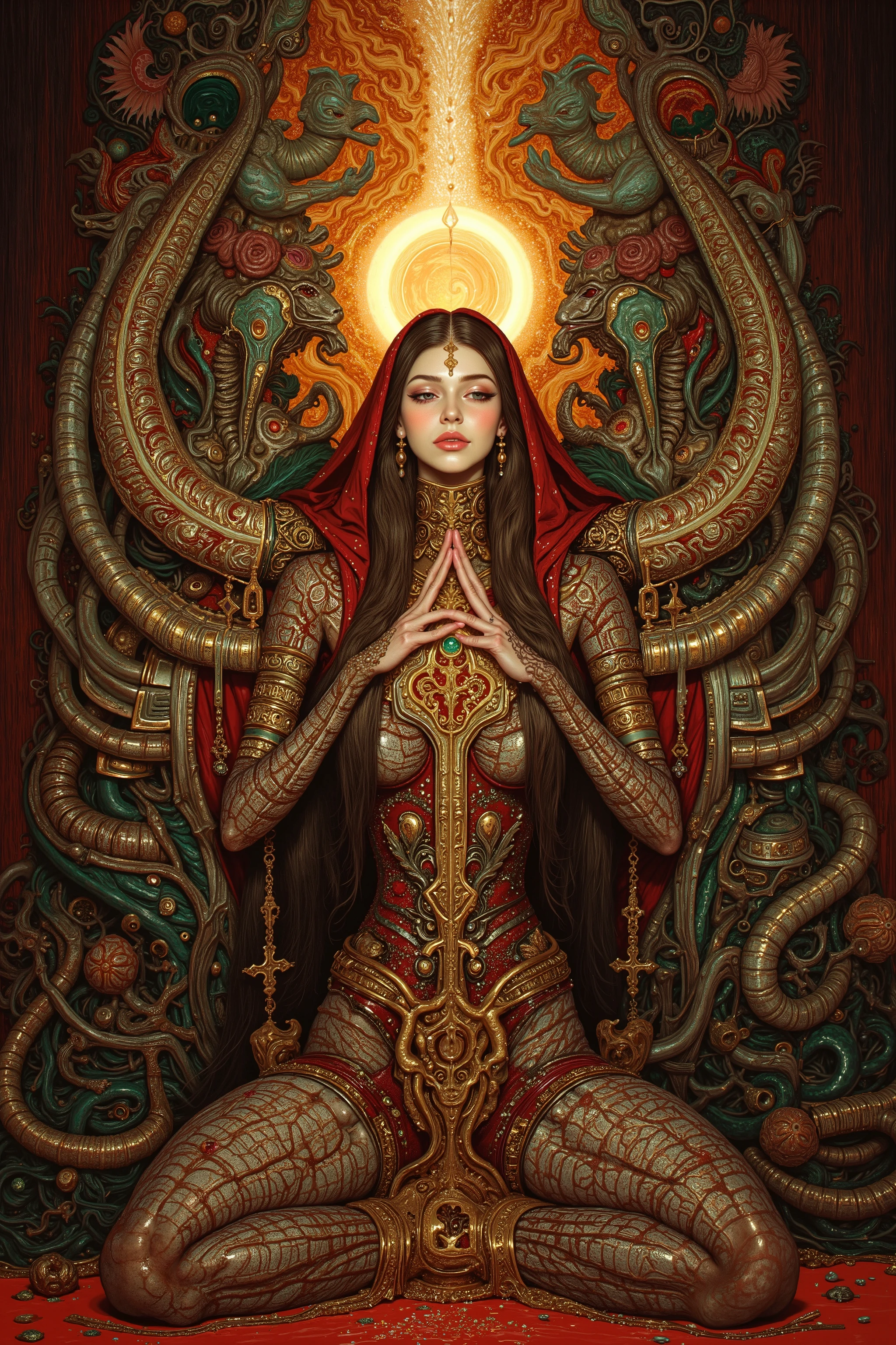 (((facing to the side,from side,side view,facial profile,profile:1.5))),1 girl,((beautiful goddess,motherly)),((zazen,buddha pose,sitting,praying hands:1.5)),body horror,third eye,biomachine,(bloody),shining sun, living being, (vivid color),(colorful),(tangled:1.2),(wearing robe:1.2), H.R Giger style, wingry 6 arms,Gustav Klimt Style,
Granulated,blood vessels,red liquid,red,gold,ritual,Abundance,
16k,detailed image, by gustavklimt,creature,biomechanical style