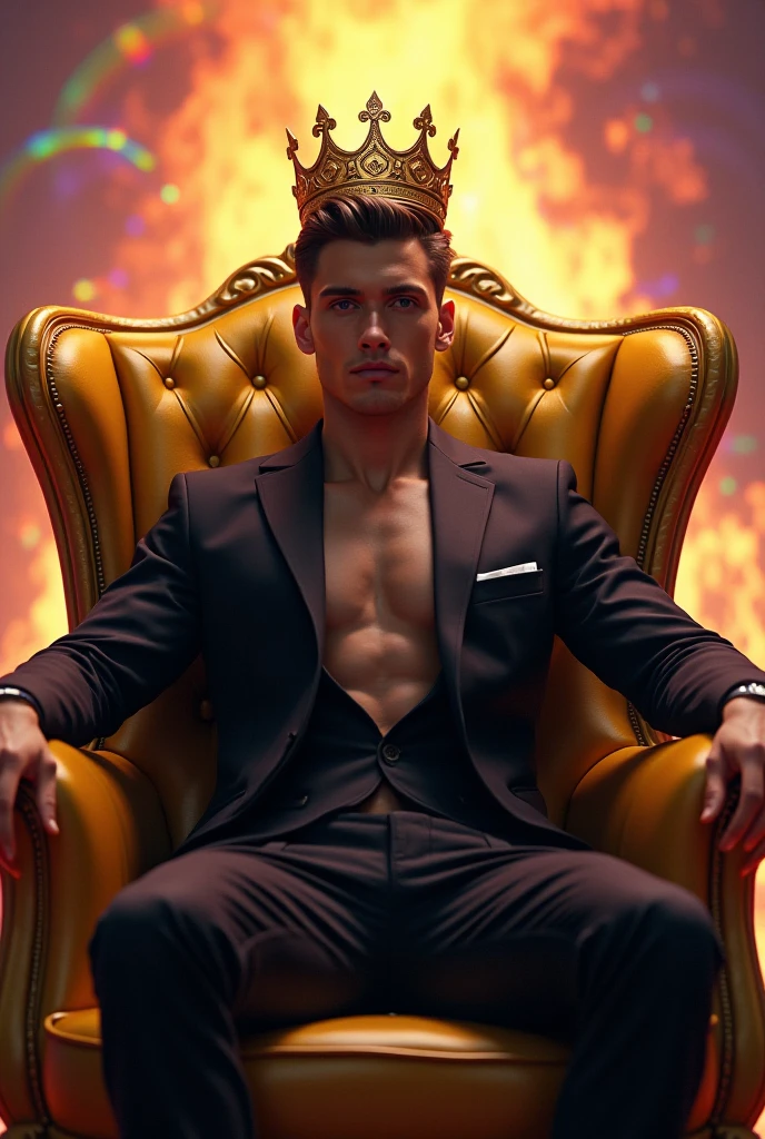 full body image of a handsome man with crossed arms in his early 30s ((king outfit)) sitting on a red-gold throne with two beautiful and passionate ((goddess)) women behind the sofa. dating app. Palace background. High contrast, sharp focus, detailed skin. Perfectly detailed, high definition, intimate atmosphere Perfect eyes. captured in high-resolution detail, creating a visually stunning and mesmerizing scene. The mood is one of captivating energy and artistic expression. 3D abstract rainbow liquid art with dramatic lighting and vivid colors, captured from an underwater perspective with low angle shots. Paint is sprayed from both sides, creating hypnotic and mesmerizing compositions against a black void background in ultra-detailed, high-resolution realism.