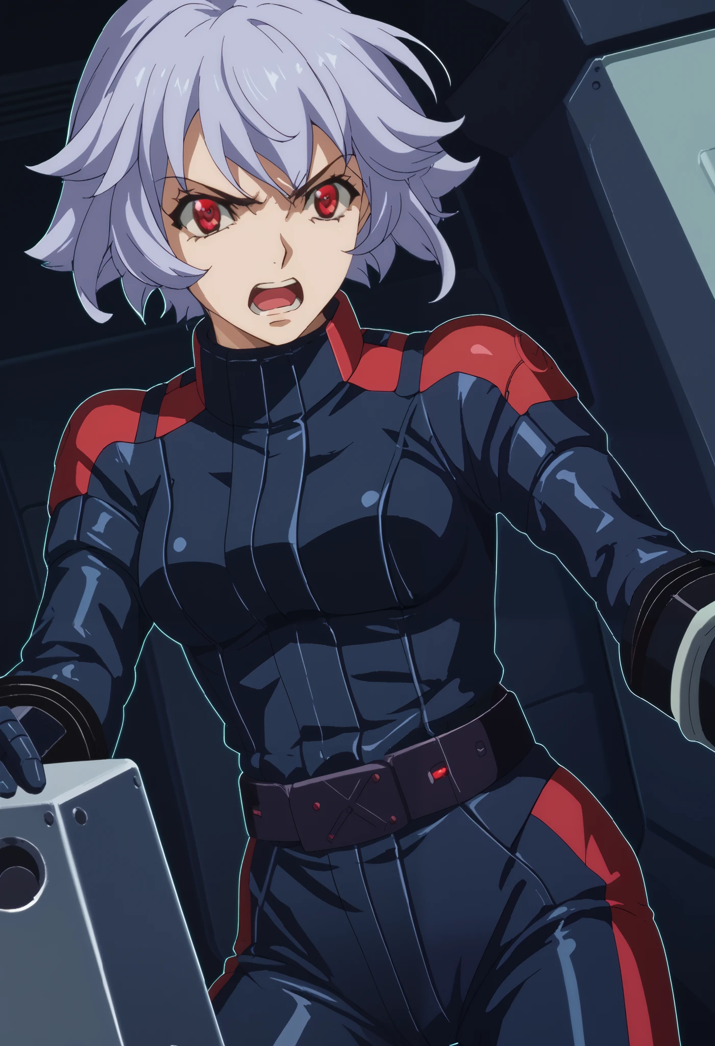 Z Gundam pilot suit, ( black pilot suit for piloting a machine:1.5) 、,score_9、 score_8_ up 、 score_7_ up 、 Destroys Top Quality 、 Refined details 、 Source Anime 、 1 girl、 short hair、 purple hair 、 red eyes、The background is cockpit 、 angry face、Open your mouth and scream