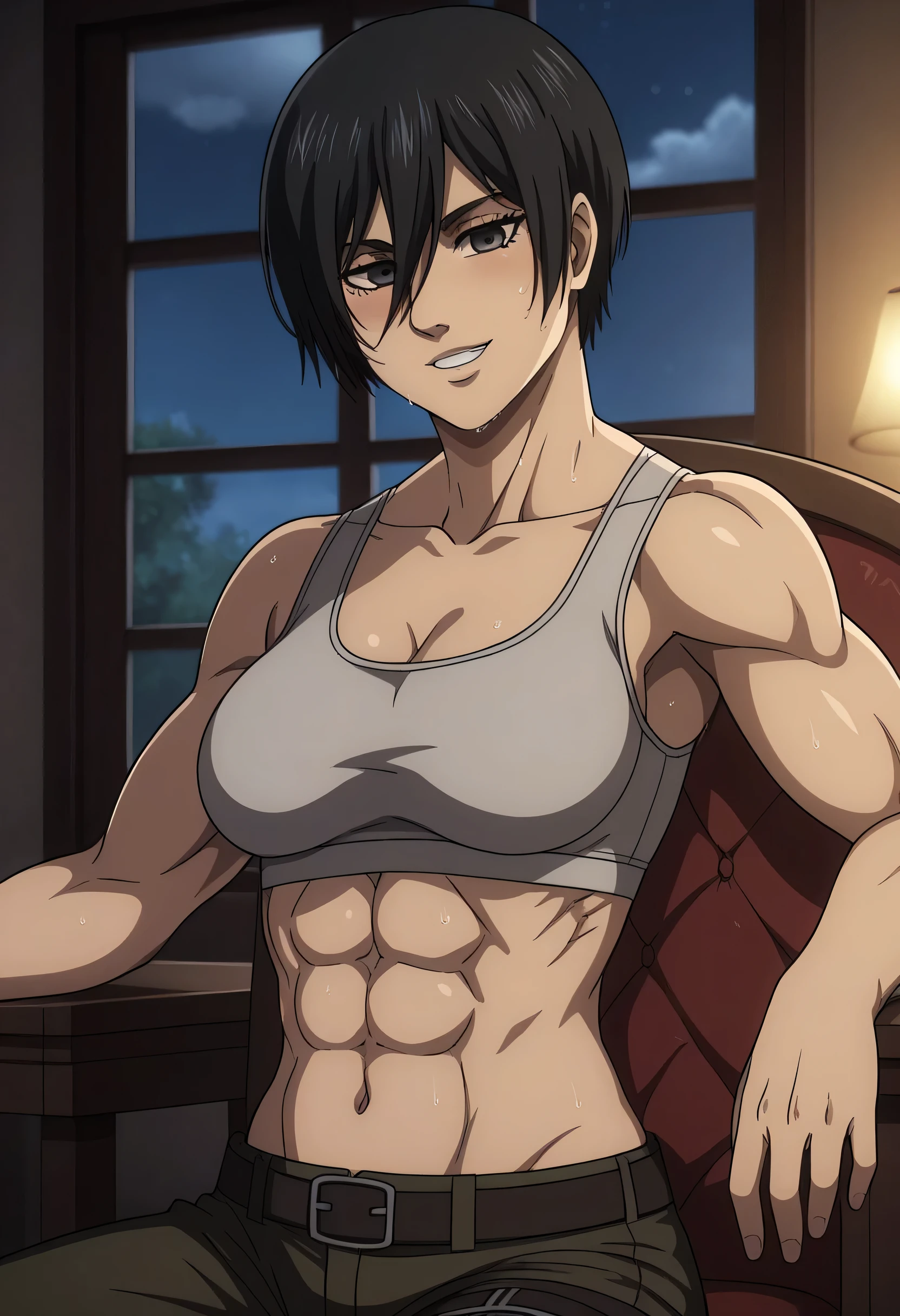 score_9, score_8_up, score_7_up, BREAK source_anime, mikasa ackrman, grey eyes, black hair, short hair, medium breasts,Mikasa wreanig black tight sport Elastic fiber bra and black loose military trousers,mikasa with good looking body,perfect lighting,mikasa final season design,mikasa mappa version,sitting on chair, Perfect generation,mikasa boy hairstyle,mikasa season 4 version,attack on titan graphics,in night,HD wallpaper,perfect colors,pixie cut hairstyle,fighting face,,Sweat body,mikasa flat stomach,mikasa only six-pack,normal body size,anime style,tone six-pack,attack on titan season 4 style,upper body,close review to character,bra design as tank top, mikasa handsome face,in bedroom,light trun off in room,mikasa alone in room,solo,1girl, serratus anterior muscles,Qblique muscles,female navel,teeth appear at smile,too white skin,short appear in mikasa pants,Mikasa muscles lines detailed,open pants buttons,belt off