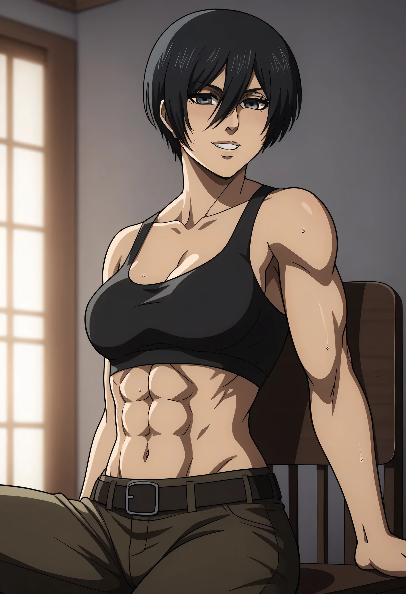 score_9, score_8_up, score_7_up, BREAK source_anime, mikasa ackrman, grey eyes, black hair, short hair, medium breasts,Mikasa wreanig black tight sport  Elastic  fiber  bra and black loose military trousers,mikasa with good looking body,perfect lighting,mikasa final season design,mikasa mappa version,sitting on  chair, Perfect generation,mikasa boy hairstyle,mikasa season 4 version,attack on titan graphics,in night,HD wallpaper,perfect colors,pixie cut hairstyle,fighting face,,Sweat body,mikasa flat stomach,mikasa only six-pack,normal body size,anime style,tone six-pack,attack on titan season 4 style,upper body,close review to character,bra design  as tank top, mikasa handsome face,in bedroom,light trun off in room,mikasa alone in room,solo,1girl, serratus anterior muscles,Qblique muscles,female navel,teeth appear at smile,too white skin,short appear in mikasa pants,Mikasa muscles lines detailed,open pants buttons,belt off