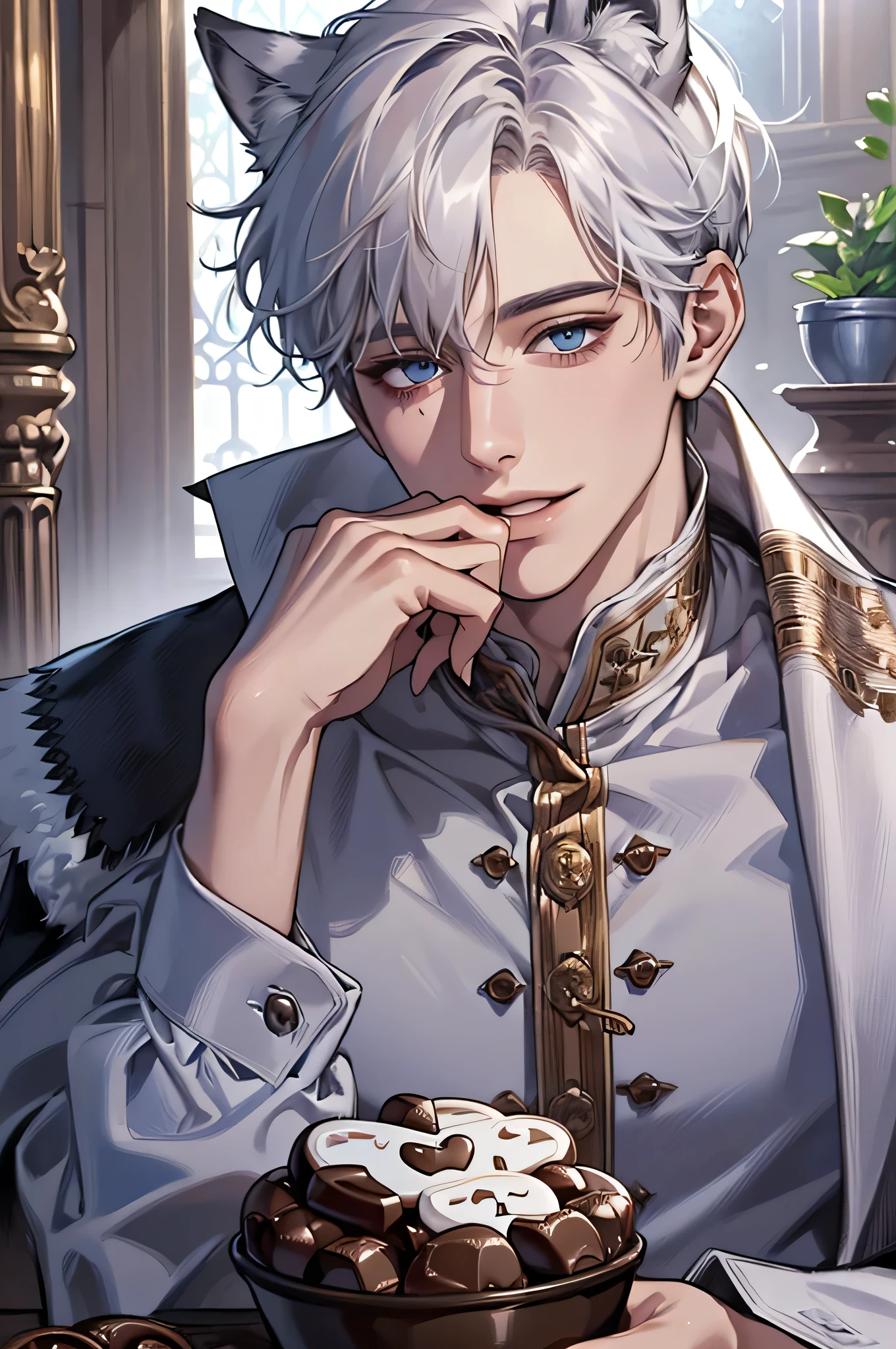 ( realistic:1.37,  of the best quality, 4K, 8k,  high resolution ,  masterpiece:1.2)  very detailed, Accurate eyes, young, 1 male,  very handsome,  white skin,  silver hair,  has short hair ,  blue eyes, [ animal ears : wolf ear],  smiley face, medieval mansion, eating chocolate