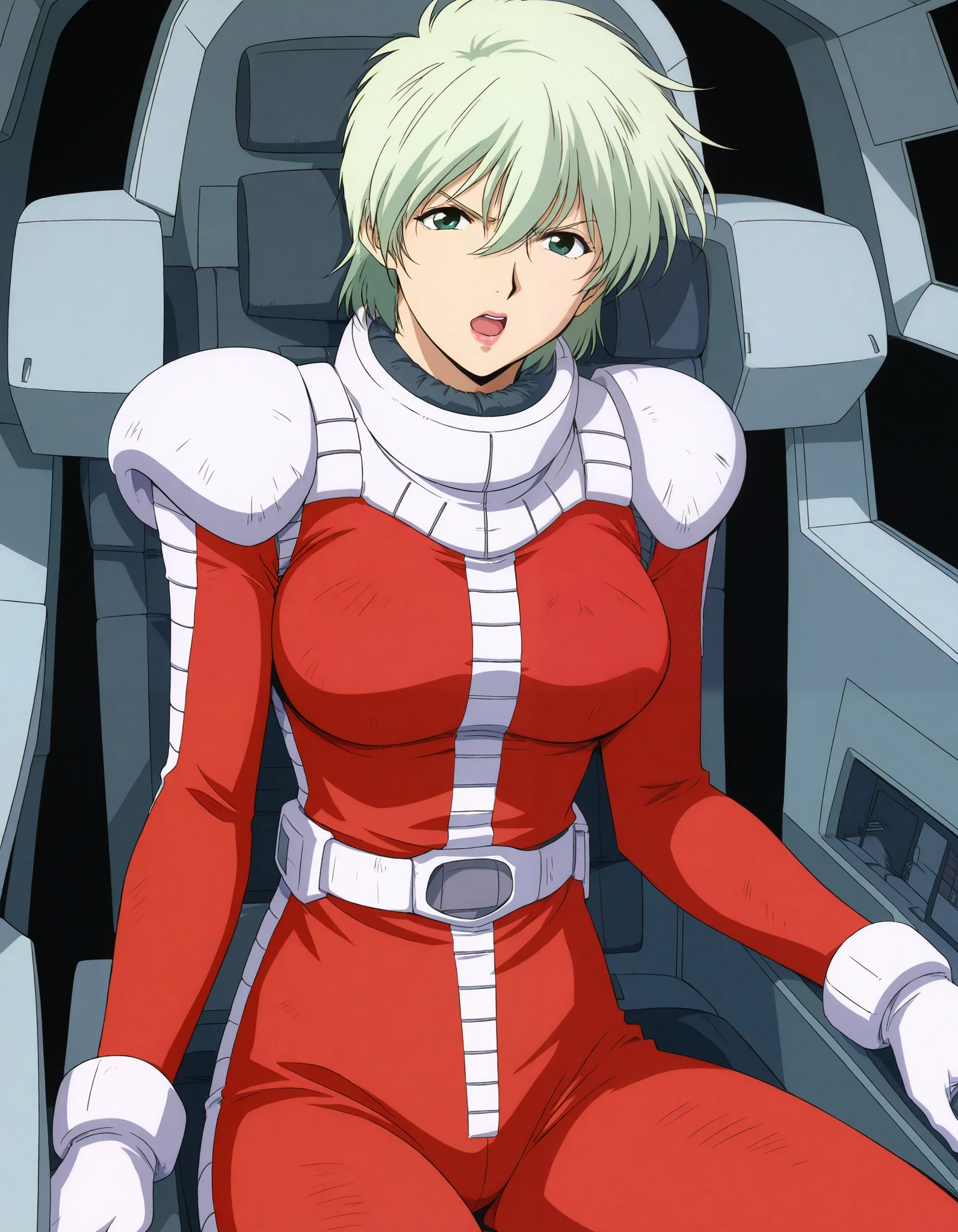 masterpiece, best quality, good quality, 1girl ,Alone,cowboy shot,standing,looking at viewer,(1990s \(style\):0.2), ainasahalim ,green hair,green eyes,short hair,lips,lipstick,large breasts,(smile:0.5),closed mouth,pilot suit, red suit、The background is cockpit 、 sitting in the cockpit、 angry face、 I'm screaming with my mouth open