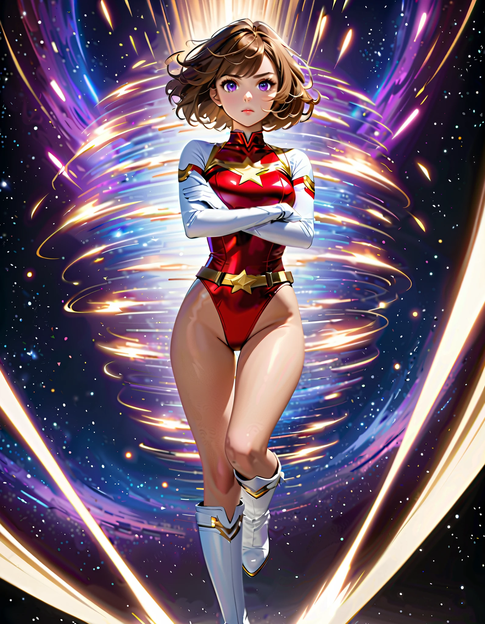 ((masterpiece)). ((best quality)), ((highres)), 1girl, solo, short hair, brown hair, purple eyes, (full body), standing, (sleeveless white and red leotard with yellow accents and star emblem embedded in chest area), (matching white gloves), ((bare legs)), superhero, town backdrop, matching boots, medium breasts, 20 age, spinning around, super speed, wind particles, dust particles, tornado particles, wind swirls,