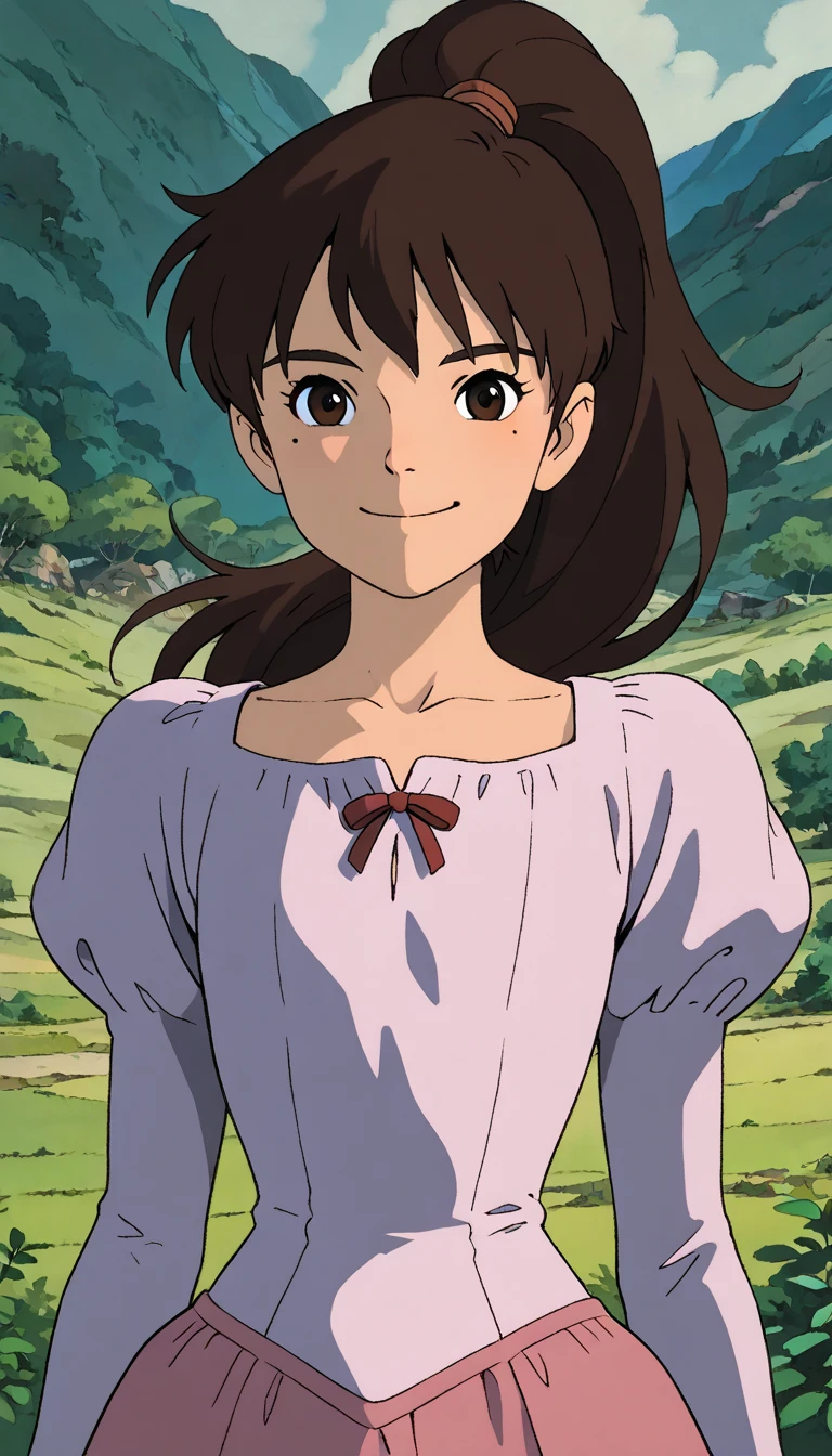 (1boy, solo, marco diaz), (extremely detailed CG unit 8k wallpaper),(master part), (best quality), (ultra detail), (best illustration),(ghibli_style), cowboy shot, close up, standing, facing viewer, looking at viewer, perfect face, perfect eyes, perfect fingers, (Sharp eyeliner, ombre, detailed eyes:1), traditional media, ghibli landscapes, scenery, outdoors, park, break , upper body, solo, smile, (crossdressing, brown hair, long hair, ponytail, brown eyes, mole under eye, flat chest, narrow waist, wide hips)
