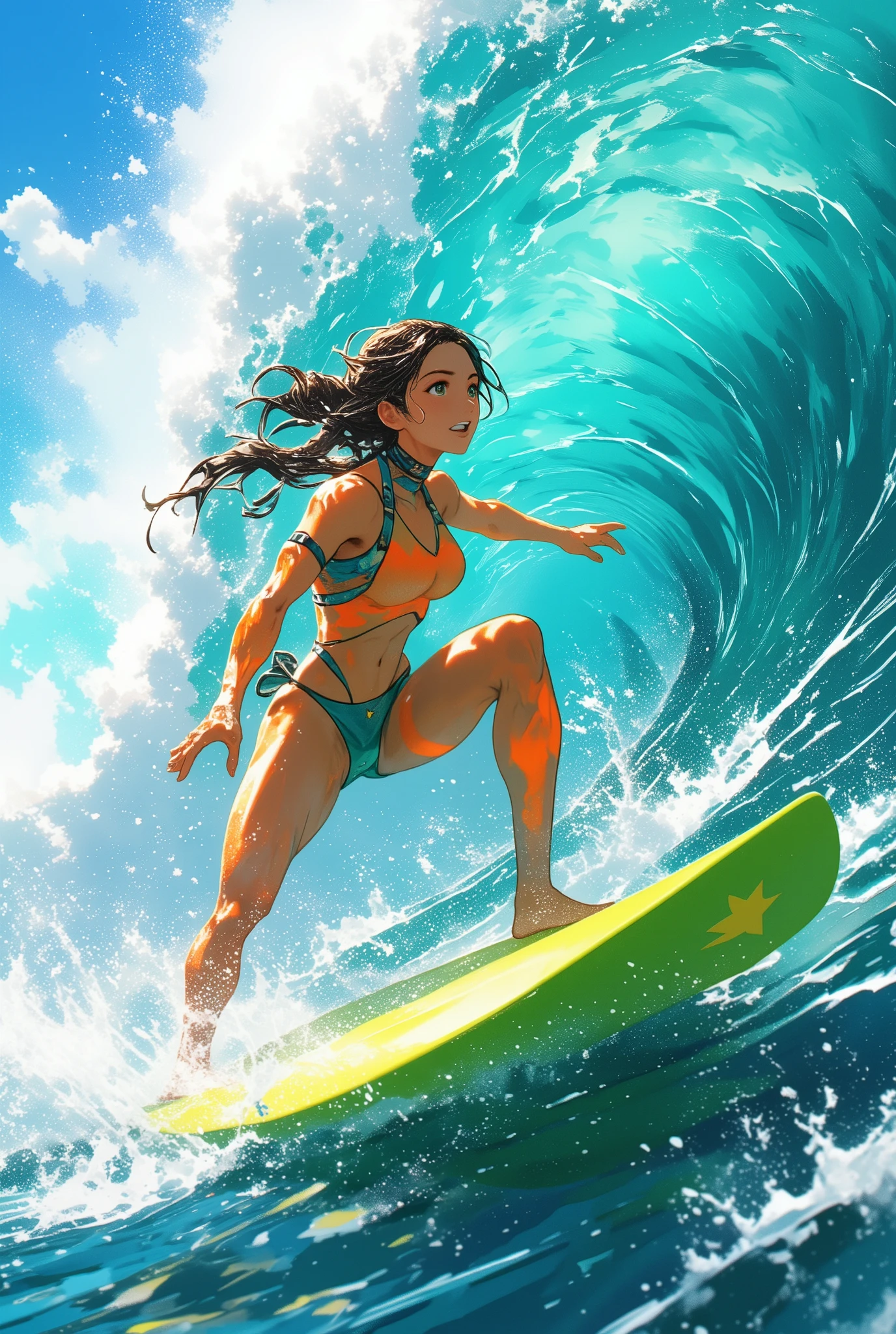 (1girl\(surfer\) in huge wave tunnel:1.2),quality\(8k,wallpaper of extremely detailed CG unit, masterpiece,hight resolution,top-quality,top-quality real texture skin,hyper realisitic,increase the resolution,RAW photos,best qualtiy,highly detailed,the wallpaper,cinematic lighting,ray trace,golden ratio\), BREAK ,solo,1girl\(cute,kawaii,very attractive, breast\(perky,big,beautiful\),rushgard\(very wet\),hair\(long,wet,shiny\),big eyes,cosmic eyes,(bikini tan),surfer,surfing\(crouching on surfboard,on the wave\),wet skin,dynamic pose,surfboad\) (riding surfboad:1.4), BREAK ,background\((big wave\(rolling,beautiful,clear,(motion blur:0.5)\):1.5),beautiful sea\(whitecaps\),clean ocean,beautiful coral, beautiful fish,beautiful sky,beautiful sunlight,reflections,golden hour,water splash,you can see the wind browing\),(dynamic angle:1.3)