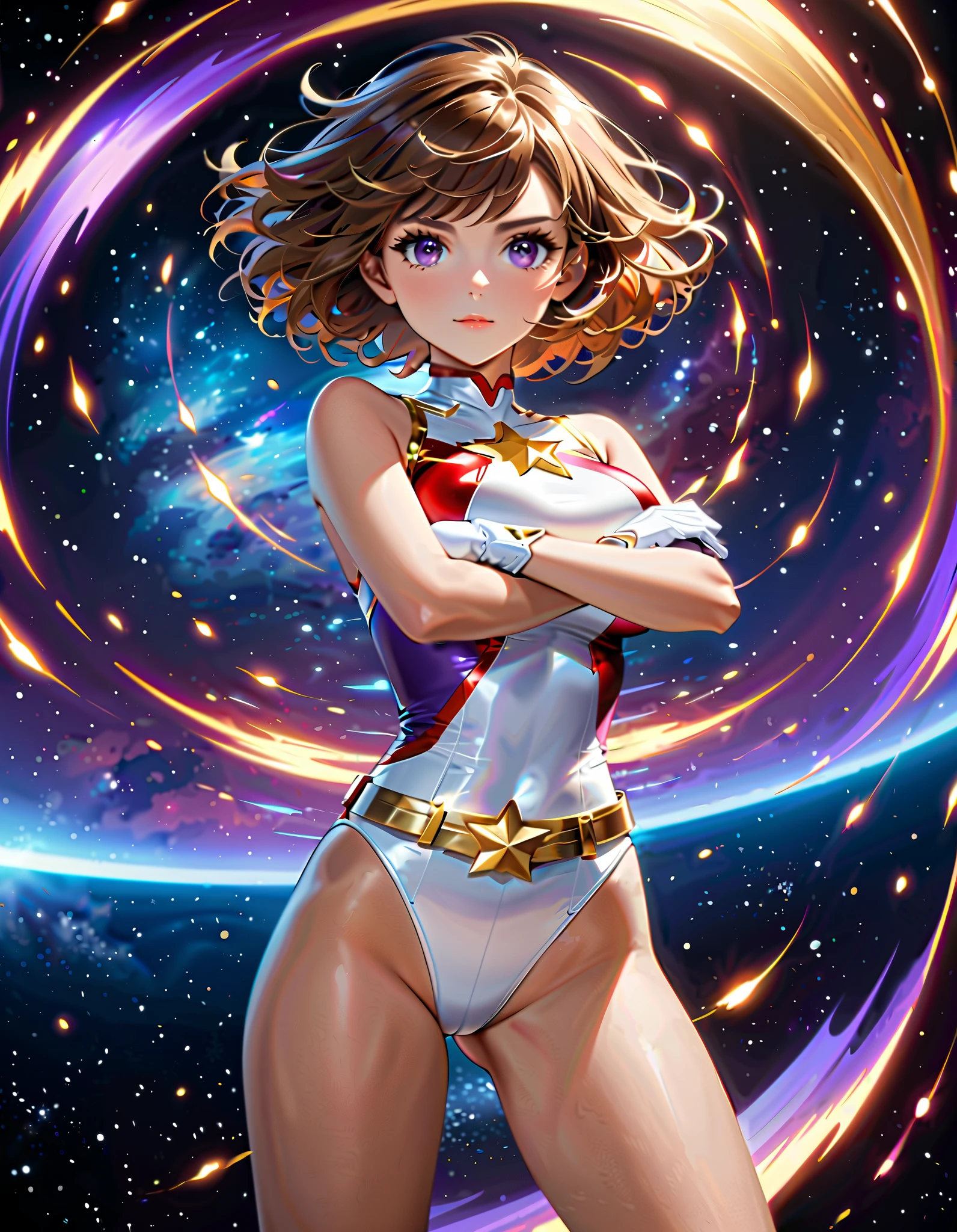 ((masterpiece)). ((best quality)), ((highres)), 1girl, solo, short hair, brown hair, purple eyes, (full body), standing, (sleeveless white and red leotard with yellow accents and star emblem embedded in chest area), (matching white gloves), ((bare legs)), superhero, town backdrop, matching boots, medium breasts, 20 age, spinning around, super speed, wind particles, dust particles, tornado particles, wind swirls,