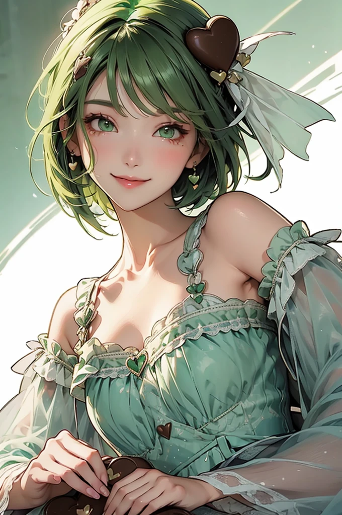 serious,zoom out,Photo from chest up,upper body up,in business,business woman,intellectual,smile,short hair,Emerald hair,short hair,green hair,white jacket,laughter,50 years,drooling eyes, alone,know,Flow of hair that extends to the face,bangs between eyeliner hair,High resolution, Bright and clear, Big light blue eyes shine charmingly,green one piece,eyeliner,Shining white skin,(Ultra Real), (figure), (High resolution), (In 8K), (very detailed), (Best figure), (Beautiful quality with attention to detail), (super detailed), (wallpaper), (detailed face),(Ultra Real), (figure), (High resolution), (In 8K), (very detailed), (Best figure), (Beautiful quality with attention to detail), (super detailed), (wallpaper), (detailed face)