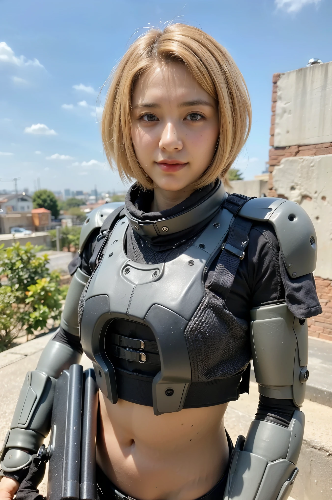 (Completely live action:1.37), (Amazingly realistic textures:1.37), (masterpiece, best quality:1.2), (8k uhd, 16k, 32k, ultra high res), amazingly realistic skin, amazingly realistic photo, superrealism, (photorealistic:1.37), (RAW photo), ultimately realistic, (ultimately realistic all details), (ultimately realistic all textures), super realistic lighting, super realistic shadow, (japanese girl:1.5), ((young face)), smiling, happy, super realistic face, ultimately realistic skin, ultimately realistic eyes, (amazing droopy eye makeup:1.35), ultimately realistic background, ultimately realistic detail up, kkw-ph1, ((design by KATOKI HAJIME, amazingly intricate details, Anatomically perfect hands, mechanical body, mechanical chest, mechanical legs, mechanical arms, machine armour))